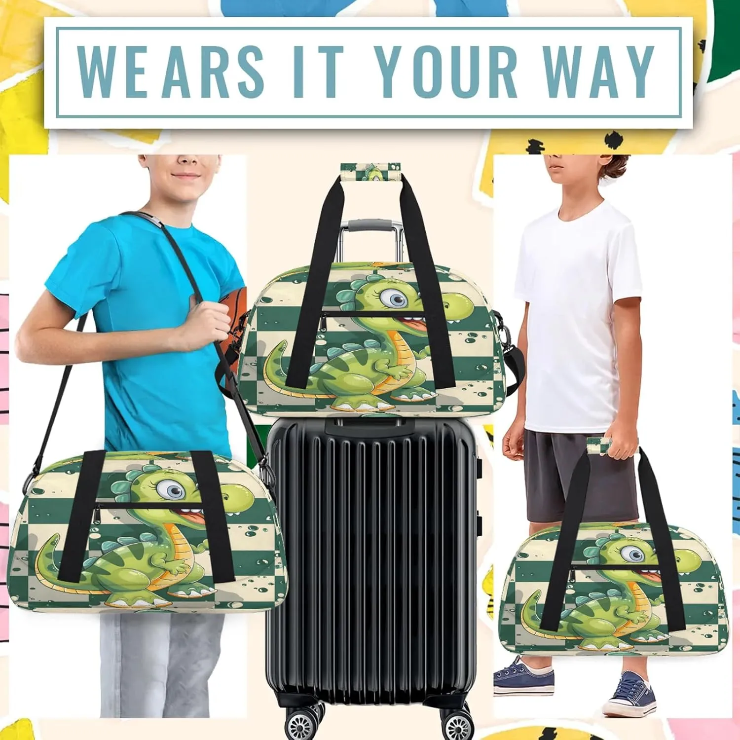 Cartoon Dinosaur Small Gym Bag 18 inch Carry On Duffel Bag for Weekender Travel Sports Workout Yoga Gymnastics Dance Ballet