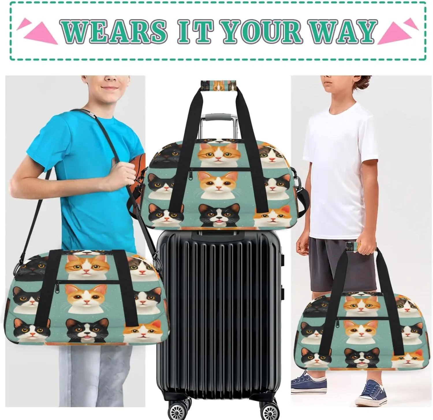 Cat Small Gym Bag for Women Men, Funny Travel Duffle Bag Workout Dance Tote Bag Carry On Overnight Weekender Bag