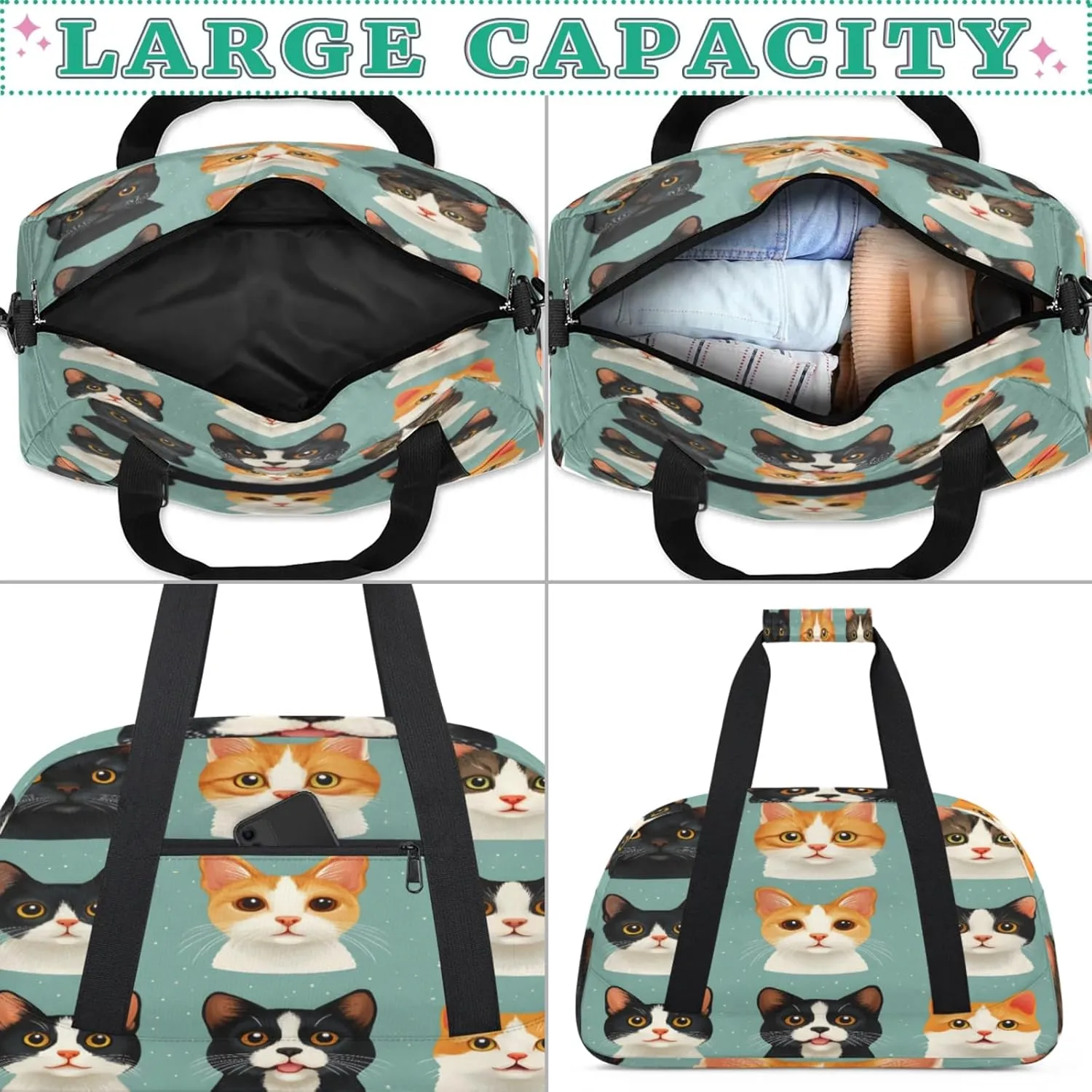 Cat Small Gym Bag for Women Men, Funny Travel Duffle Bag Workout Dance Tote Bag Carry On Overnight Weekender Bag
