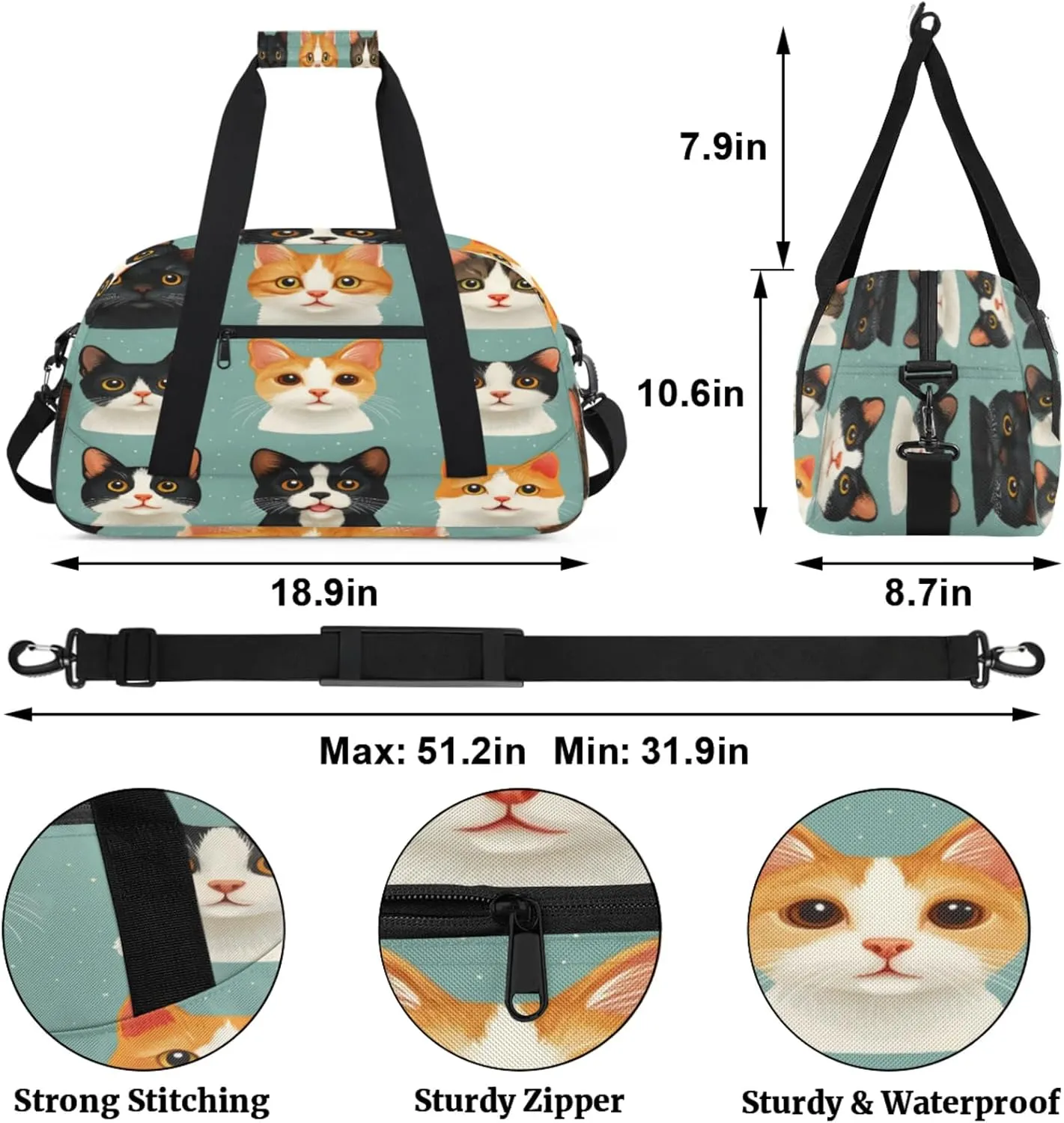 Cat Small Gym Bag for Women Men, Funny Travel Duffle Bag Workout Dance Tote Bag Carry On Overnight Weekender Bag