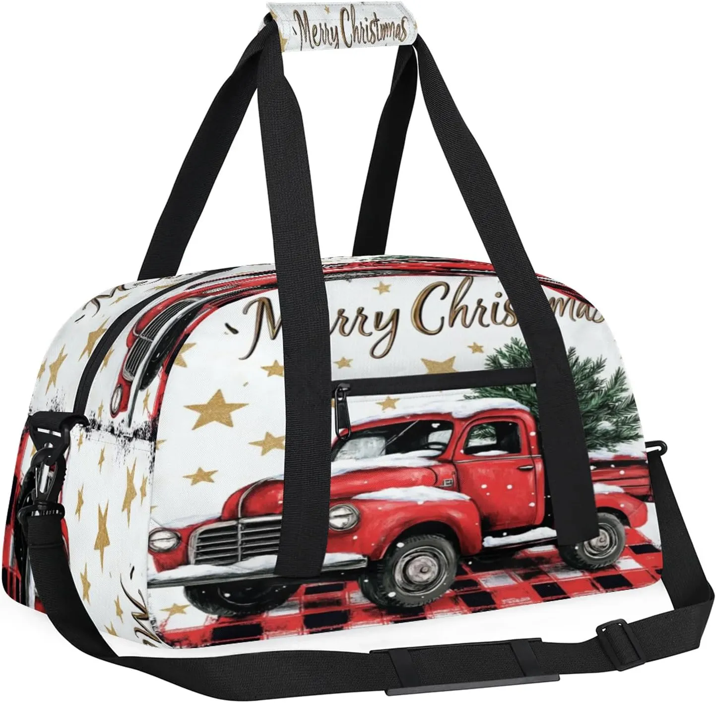 Christmas Buffalo Plaid With Red Truck Small Gym Bag 18 inch Carry On Duffel Bag for Weekender Travel Sports Workout Yoga Gymnastics Dance Ballet