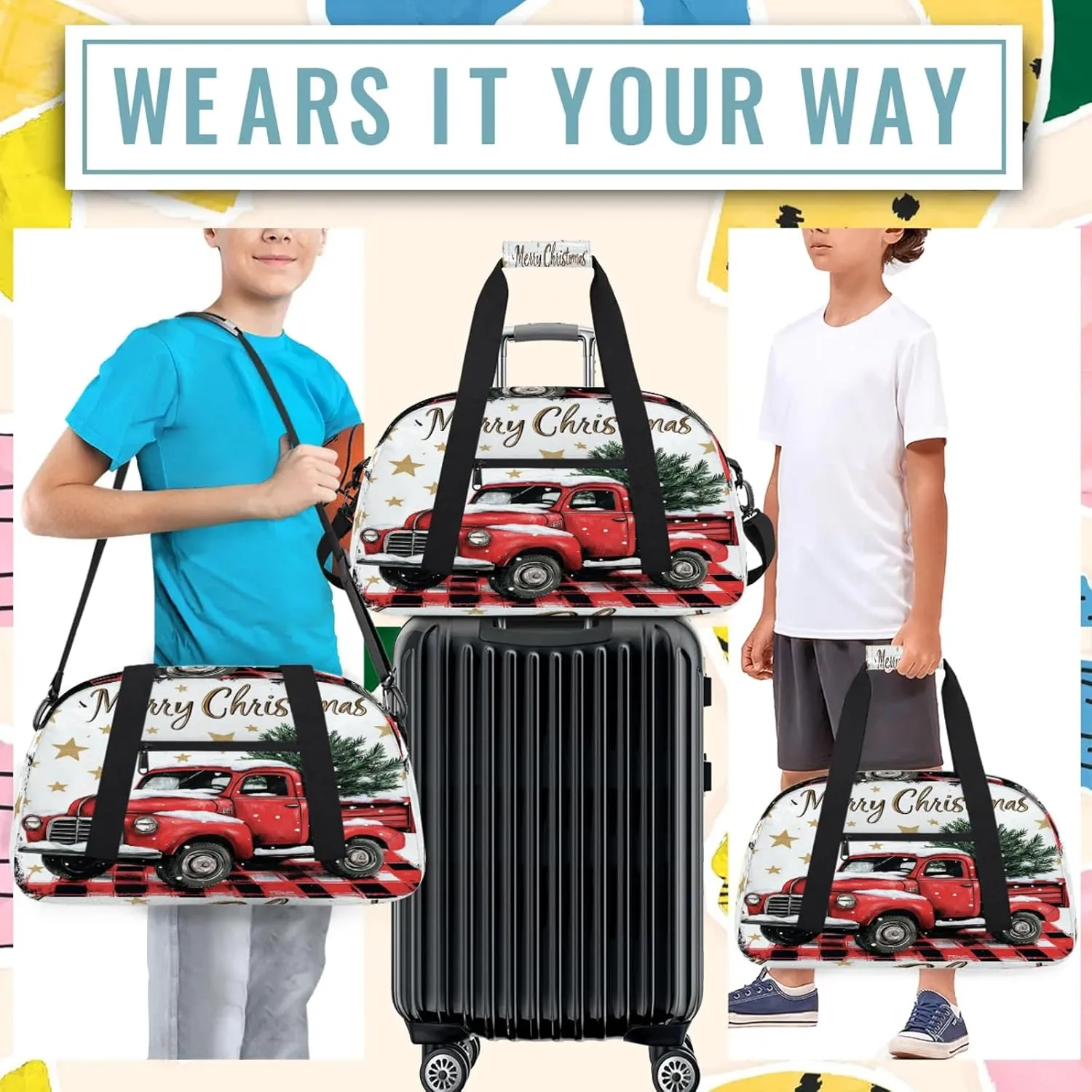 Christmas Buffalo Plaid With Red Truck Small Gym Bag 18 inch Carry On Duffel Bag for Weekender Travel Sports Workout Yoga Gymnastics Dance Ballet