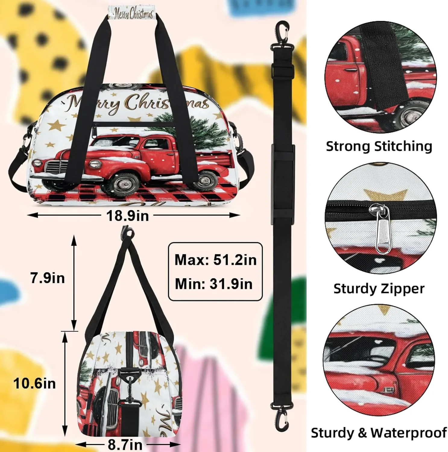 Christmas Buffalo Plaid With Red Truck Small Gym Bag 18 inch Carry On Duffel Bag for Weekender Travel Sports Workout Yoga Gymnastics Dance Ballet