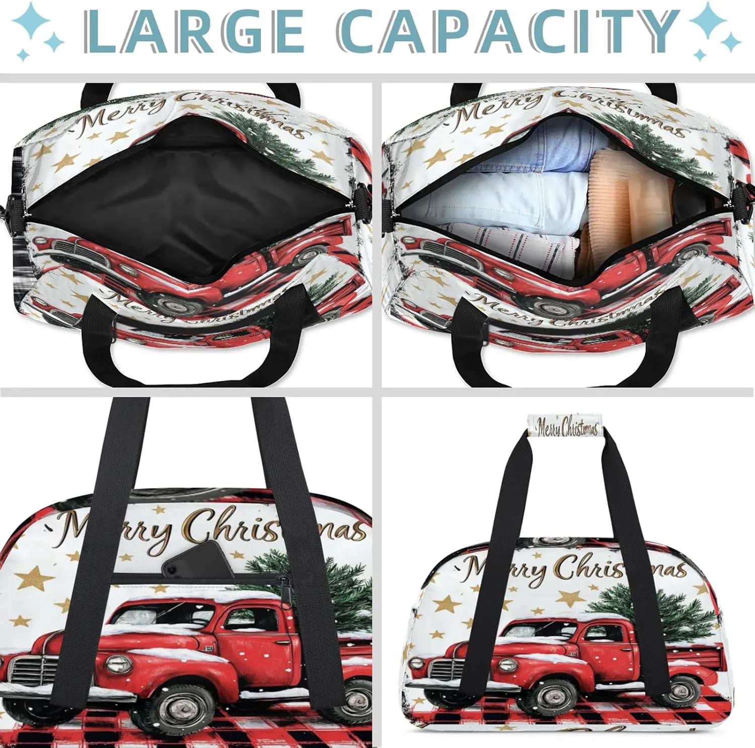 Christmas Buffalo Plaid With Red Truck Small Gym Bag 18 inch Carry On Duffel Bag for Weekender Travel Sports Workout Yoga Gymnastics Dance Ballet