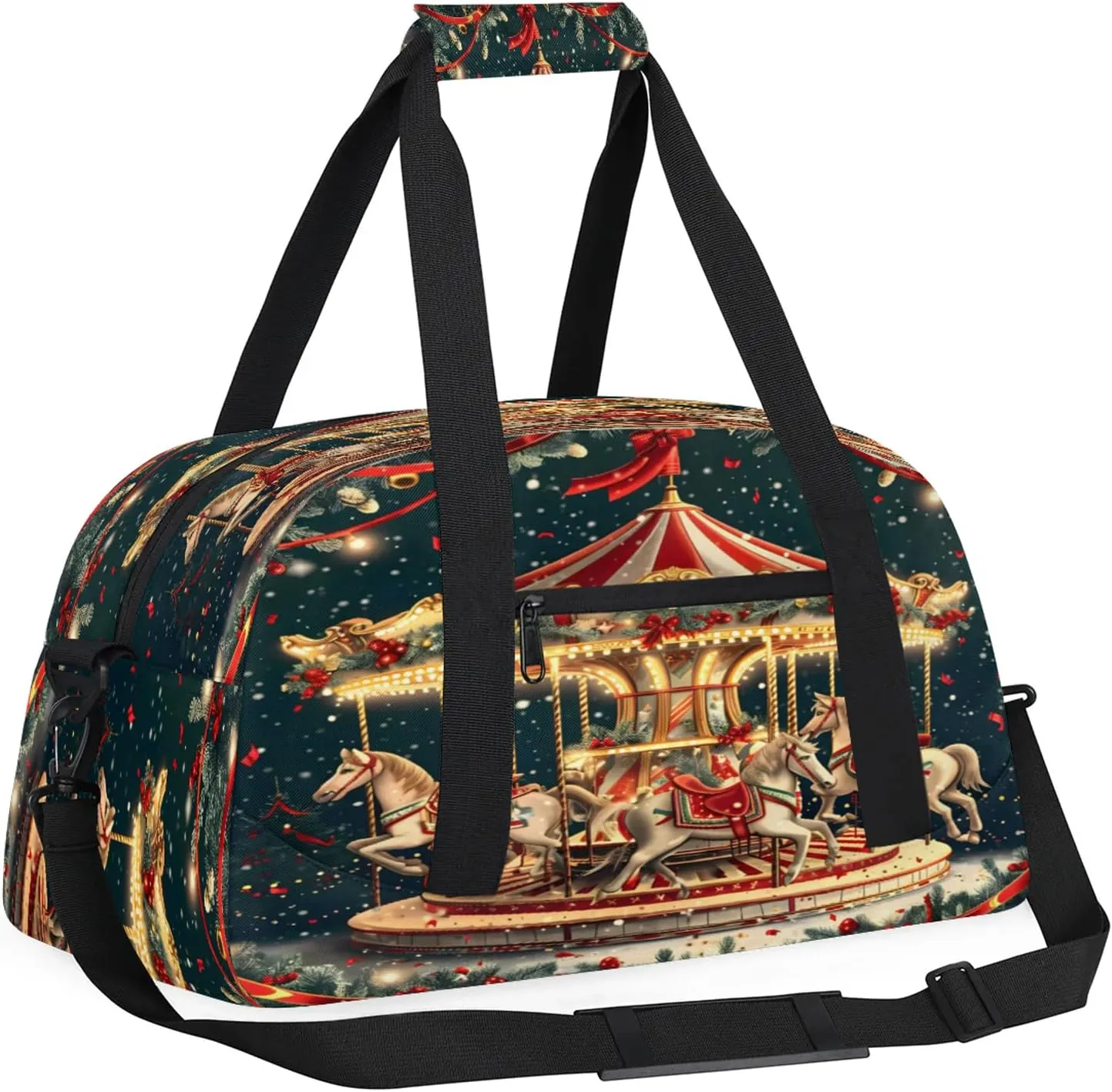 Christmas Carousel Horse Small Gym Bag 18 inch Carry On Duffel Bag for Weekender Travel Sports Workout Yoga Gymnastics Dance Ballet