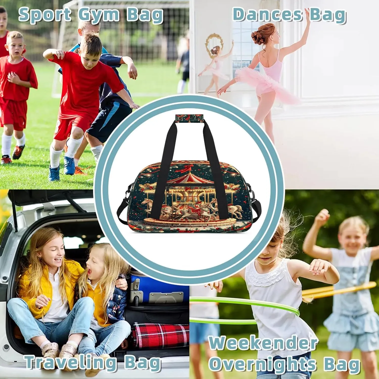 Christmas Carousel Horse Small Gym Bag 18 inch Carry On Duffel Bag for Weekender Travel Sports Workout Yoga Gymnastics Dance Ballet