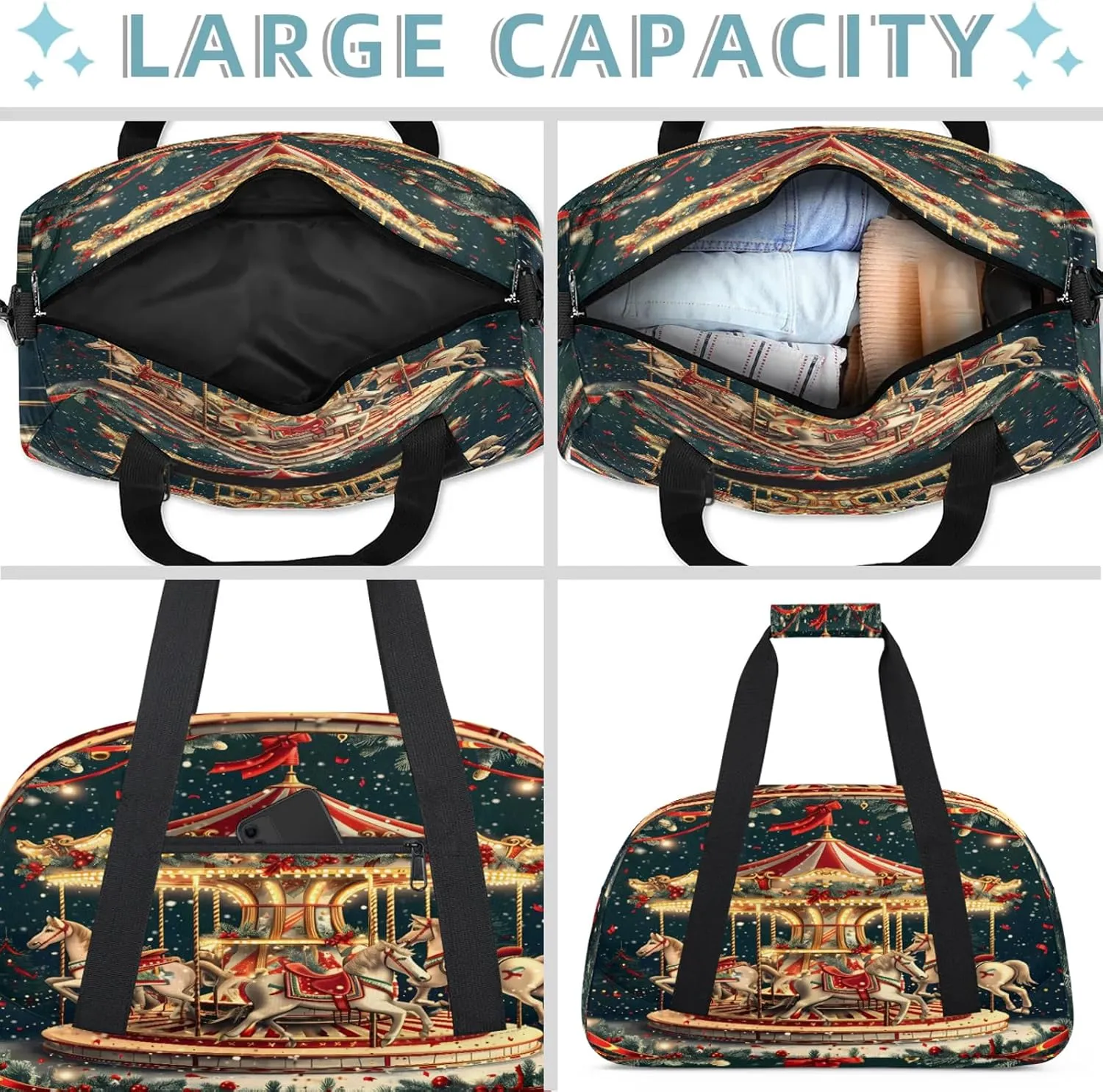 Christmas Carousel Horse Small Gym Bag 18 inch Carry On Duffel Bag for Weekender Travel Sports Workout Yoga Gymnastics Dance Ballet