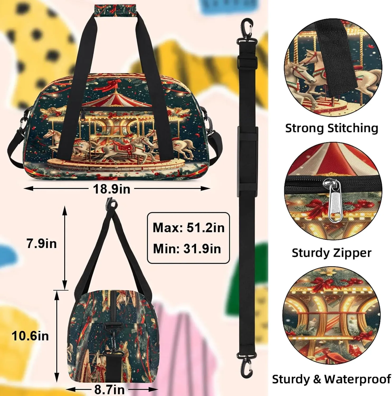 Christmas Carousel Horse Small Gym Bag 18 inch Carry On Duffel Bag for Weekender Travel Sports Workout Yoga Gymnastics Dance Ballet