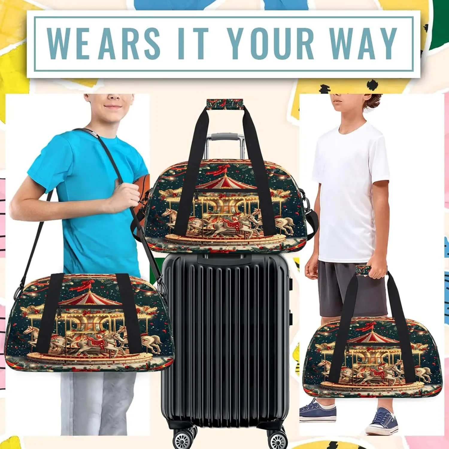 Christmas Carousel Horse Small Gym Bag 18 inch Carry On Duffel Bag for Weekender Travel Sports Workout Yoga Gymnastics Dance Ballet