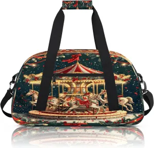 Christmas Carousel Horse Small Gym Bag 18 inch Carry On Duffel Bag for Weekender Travel Sports Workout Yoga Gymnastics Dance Ballet