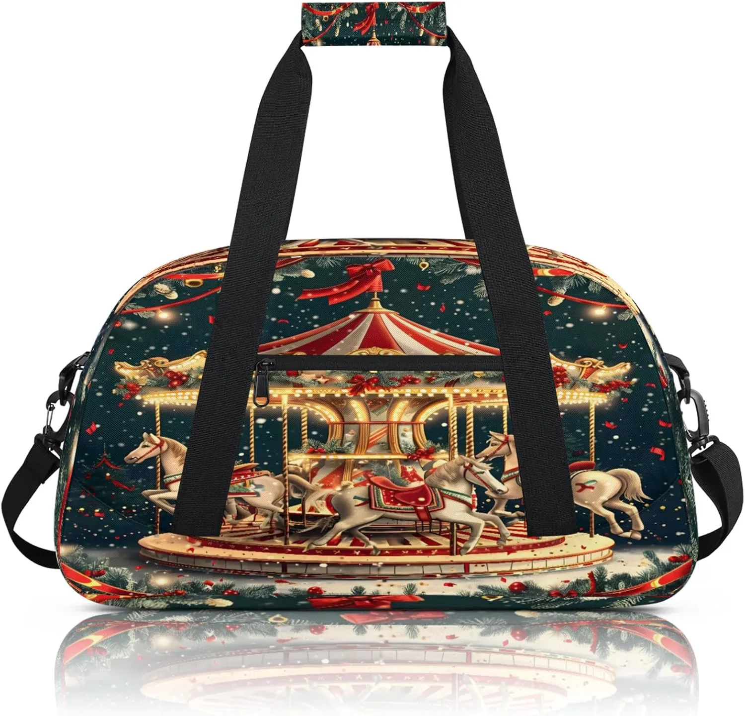Christmas Carousel Horse Small Gym Bag 18 inch Carry On Duffel Bag for Weekender Travel Sports Workout Yoga Gymnastics Dance Ballet