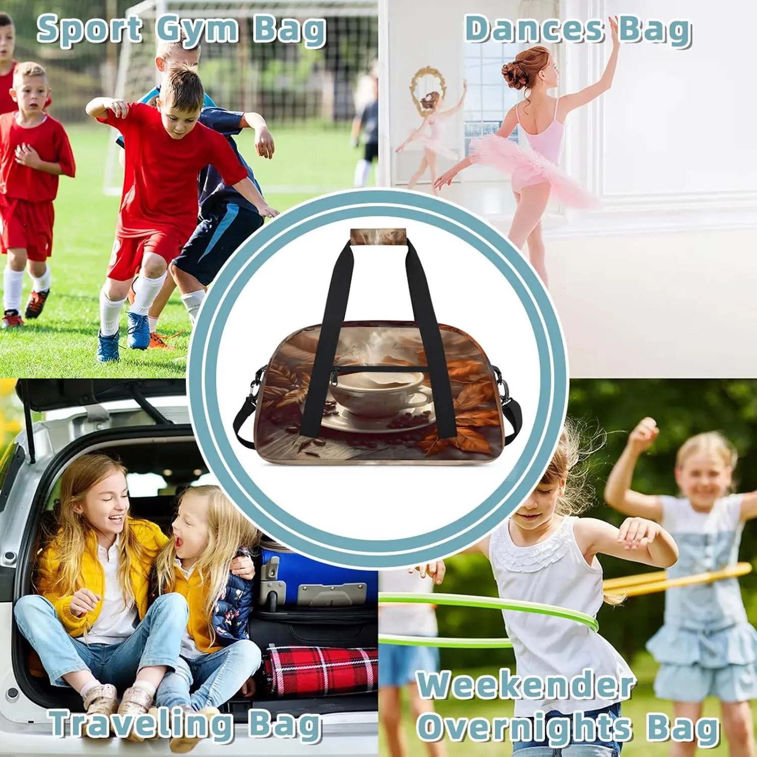 Coffee Themed Small Gym Bag 18 inch Carry On Duffel Bag for Weekender Travel Sports Workout Yoga Gymnastics Dance Ballet