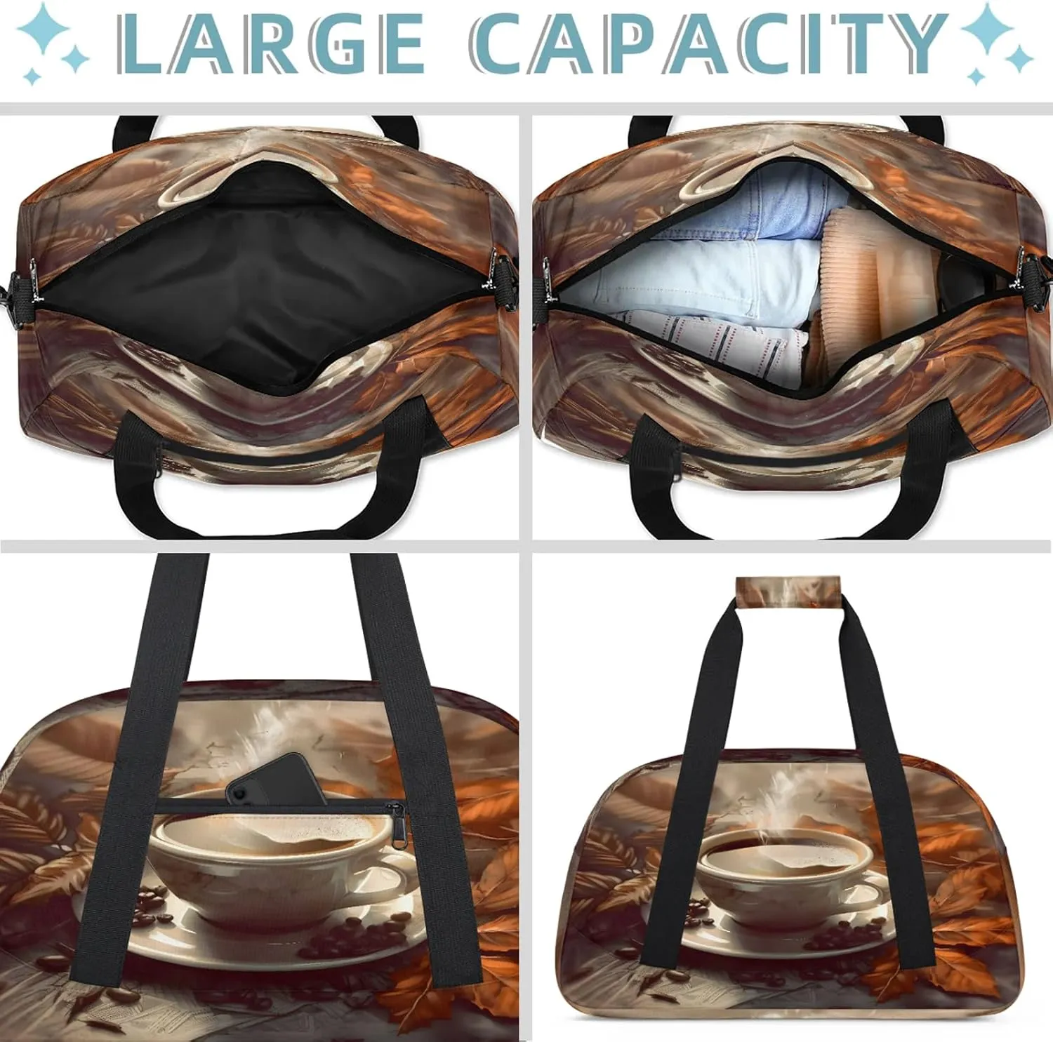 Coffee Themed Small Gym Bag 18 inch Carry On Duffel Bag for Weekender Travel Sports Workout Yoga Gymnastics Dance Ballet