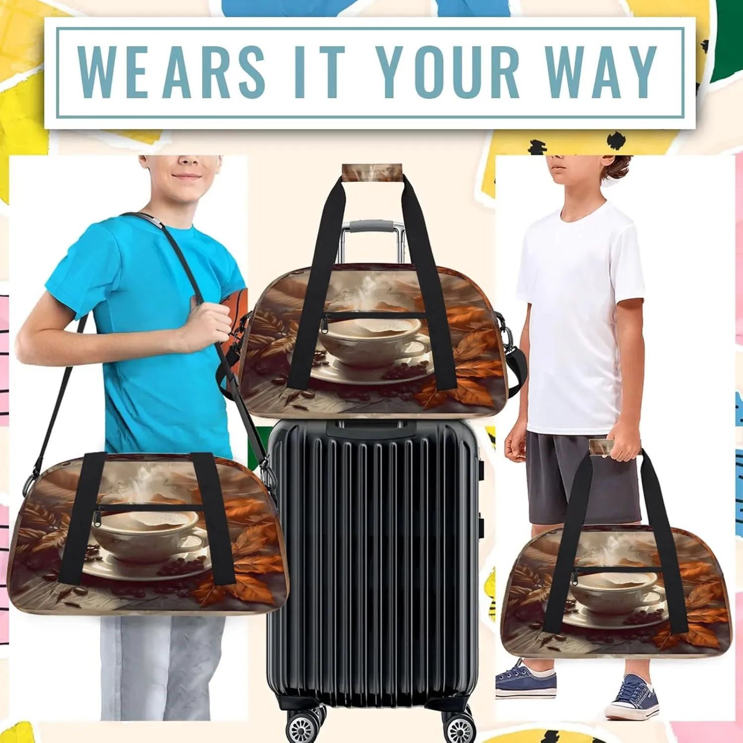 Coffee Themed Small Gym Bag 18 inch Carry On Duffel Bag for Weekender Travel Sports Workout Yoga Gymnastics Dance Ballet