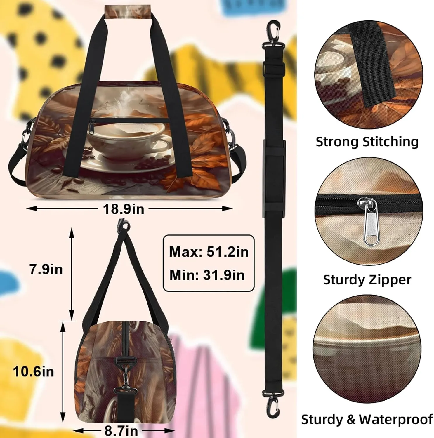Coffee Themed Small Gym Bag 18 inch Carry On Duffel Bag for Weekender Travel Sports Workout Yoga Gymnastics Dance Ballet