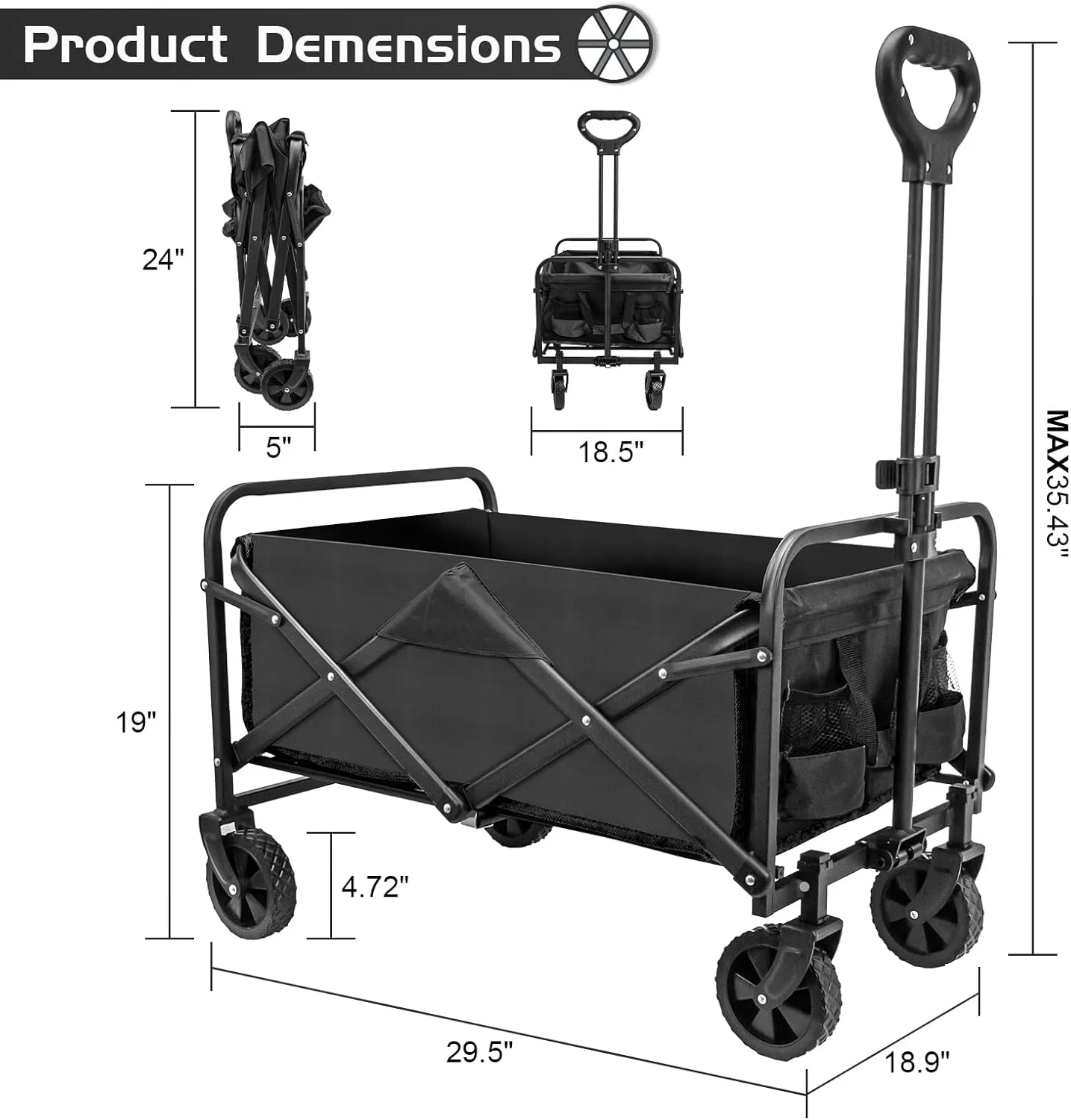 Collapsible Foldable Wagon, Heavy Duty with Wheels, Utility Folding Grocery Wagon for Outdoor Activities (Black)