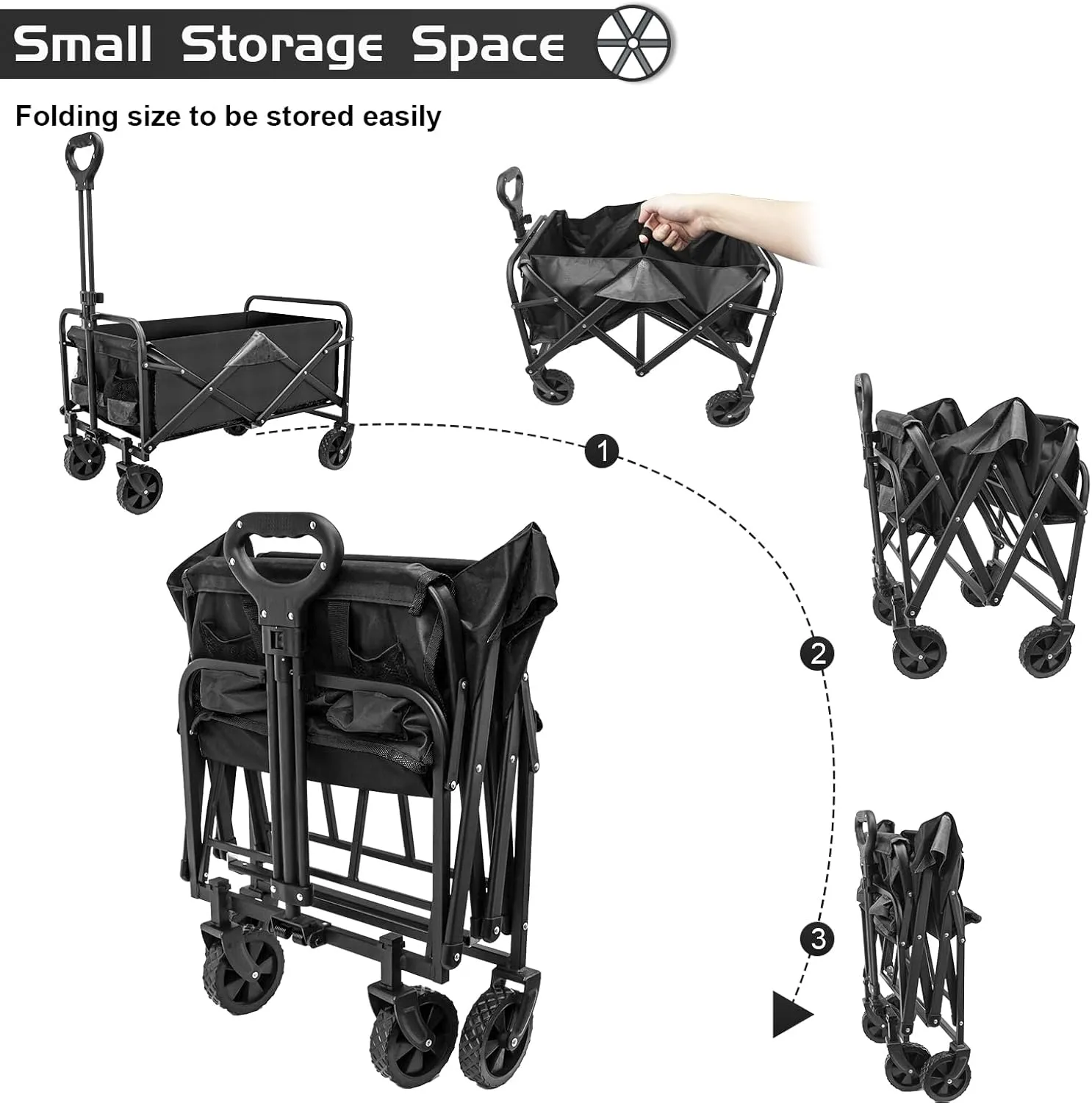 Collapsible Foldable Wagon, Heavy Duty with Wheels, Utility Folding Grocery Wagon for Outdoor Activities (Black)