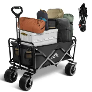 Collapsible Folding Wagon, Capacity 300lbs Heavy Duty Foldable Cart with Two Drink Holders, Portable Utility Grocery Wagon for Camping Shopping Sports, Black
