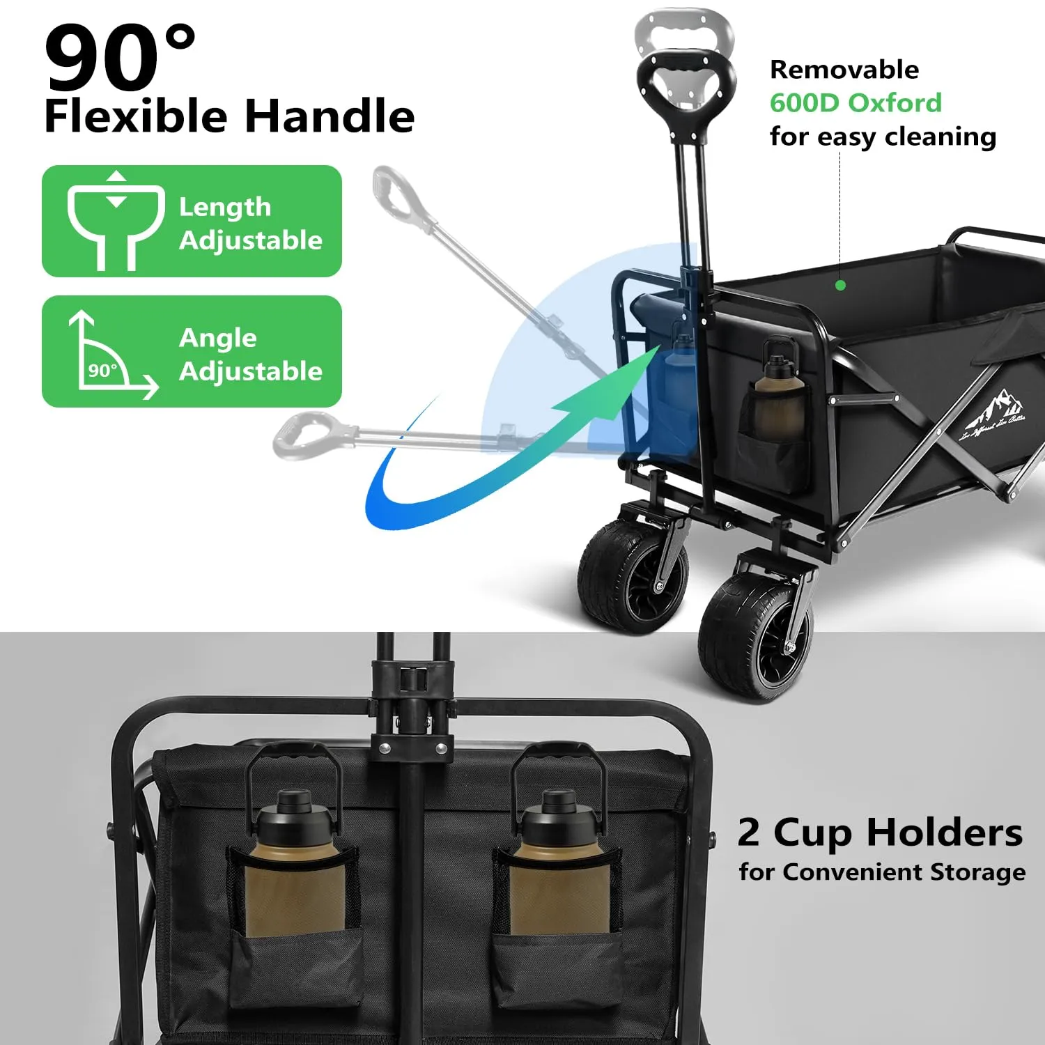 Collapsible Folding Wagon, Capacity 300lbs Heavy Duty Foldable Cart with Two Drink Holders, Portable Utility Grocery Wagon for Camping Shopping Sports, Black