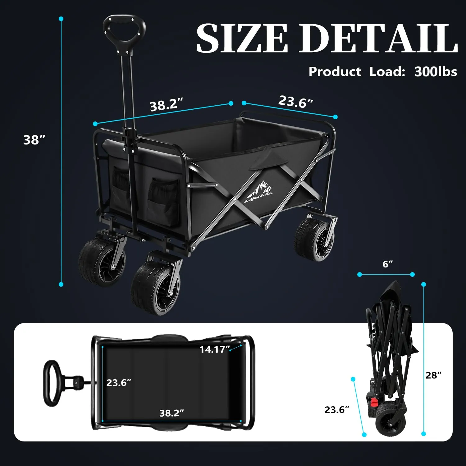 Collapsible Folding Wagon, Capacity 300lbs Heavy Duty Foldable Cart with Two Drink Holders, Portable Utility Grocery Wagon for Camping Shopping Sports, Black