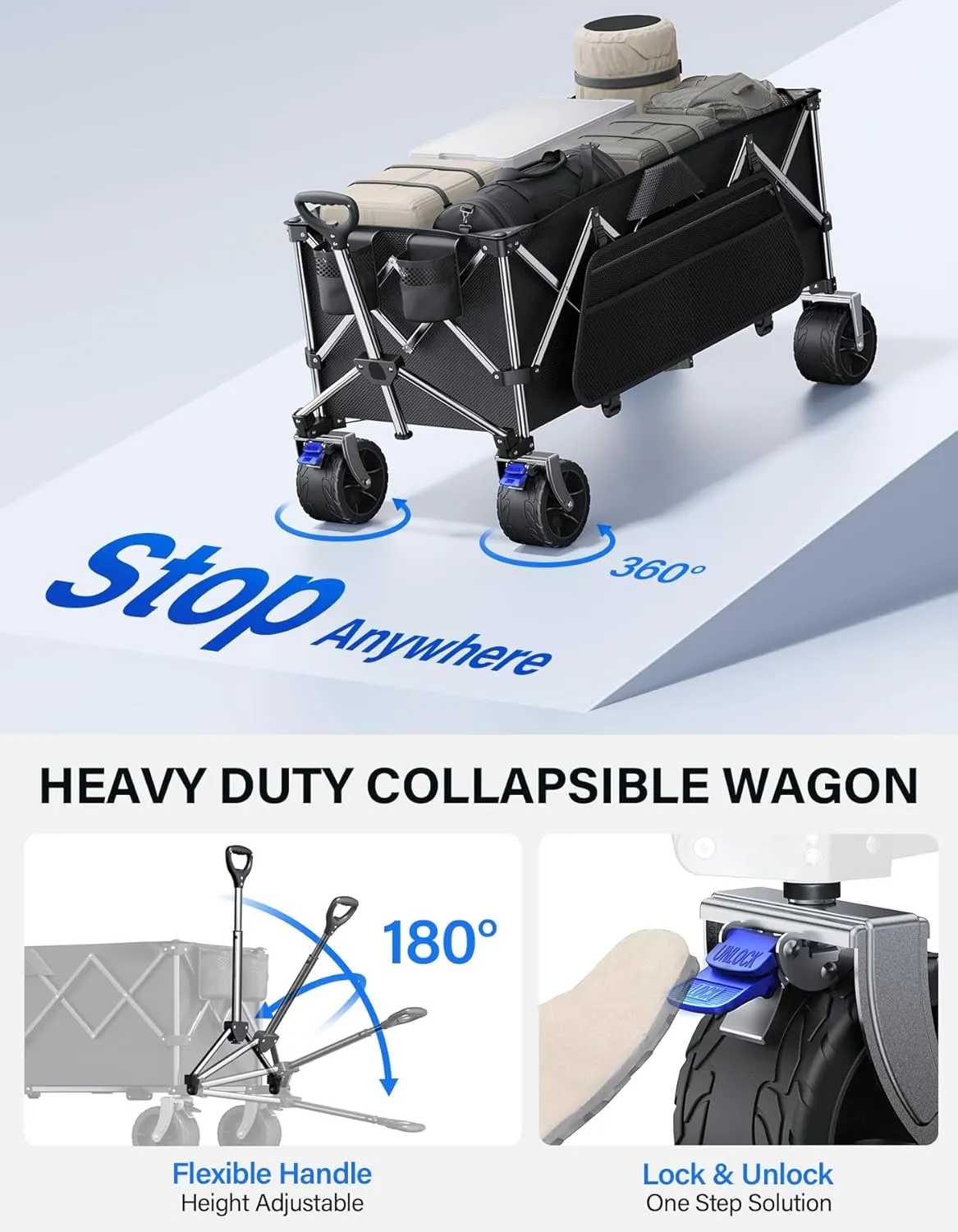 Collapsible Wagon, 440 lbs Foldable Utility Wagon Cart with Big Wheels, Heavy Duty Folding Wagon for Beach/Garden/Camping/Grocery-Black