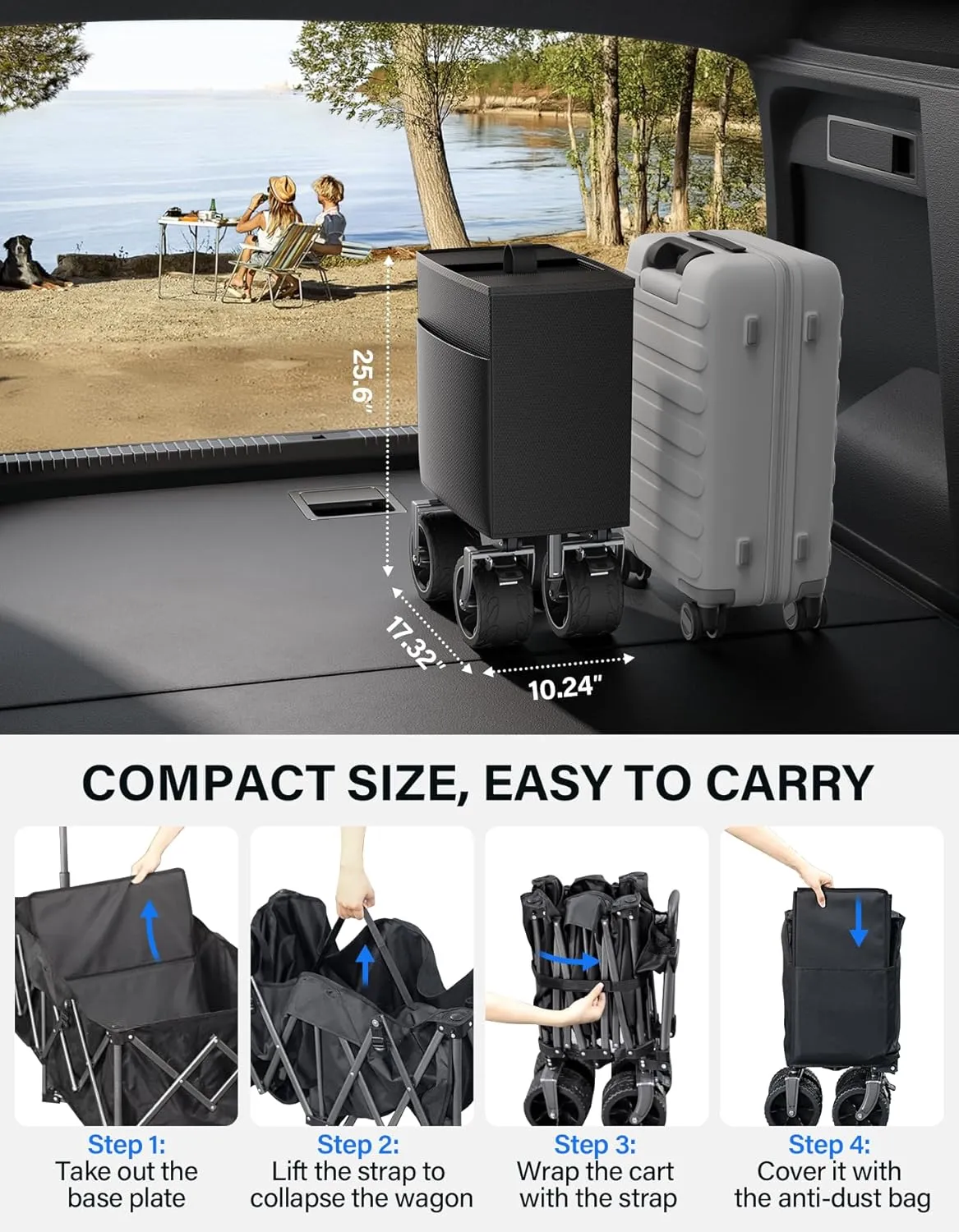 Collapsible Wagon, 440 lbs Foldable Utility Wagon Cart with Big Wheels, Heavy Duty Folding Wagon for Beach/Garden/Camping/Grocery-Black