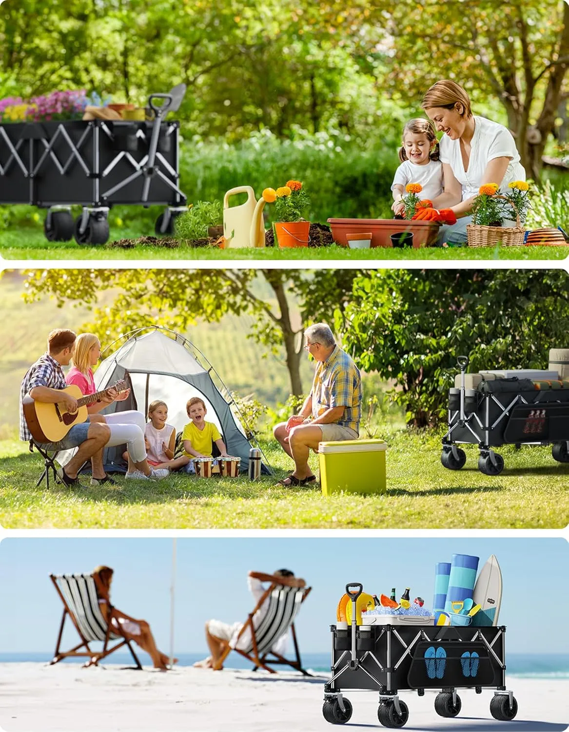 Collapsible Wagon, 440 lbs Foldable Utility Wagon Cart with Big Wheels, Heavy Duty Folding Wagon for Beach/Garden/Camping/Grocery-Black