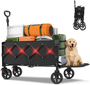 Collapsible Wagon Cart 226.8L - Extra Long Utility Foldable Wagon with Tailgate, Brakes, Anti-Rebounding Handler & 2 Cup Holders, for Groceries, Camping, Shopping, Garden - Sekey& Sunula Black