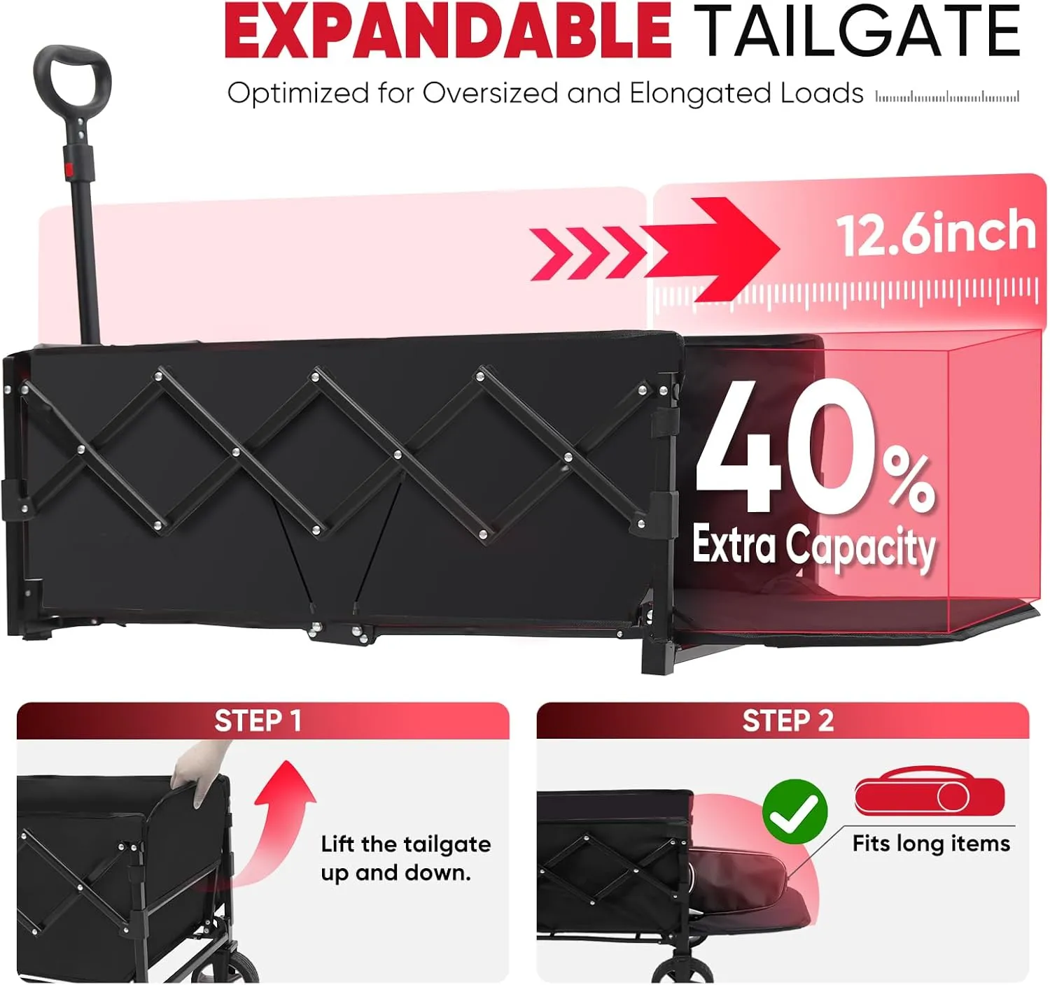 Collapsible Wagon Cart 226.8L - Extra Long Utility Foldable Wagon with Tailgate, Brakes, Anti-Rebounding Handler & 2 Cup Holders, for Groceries, Camping, Shopping, Garden - Sekey& Sunula Black