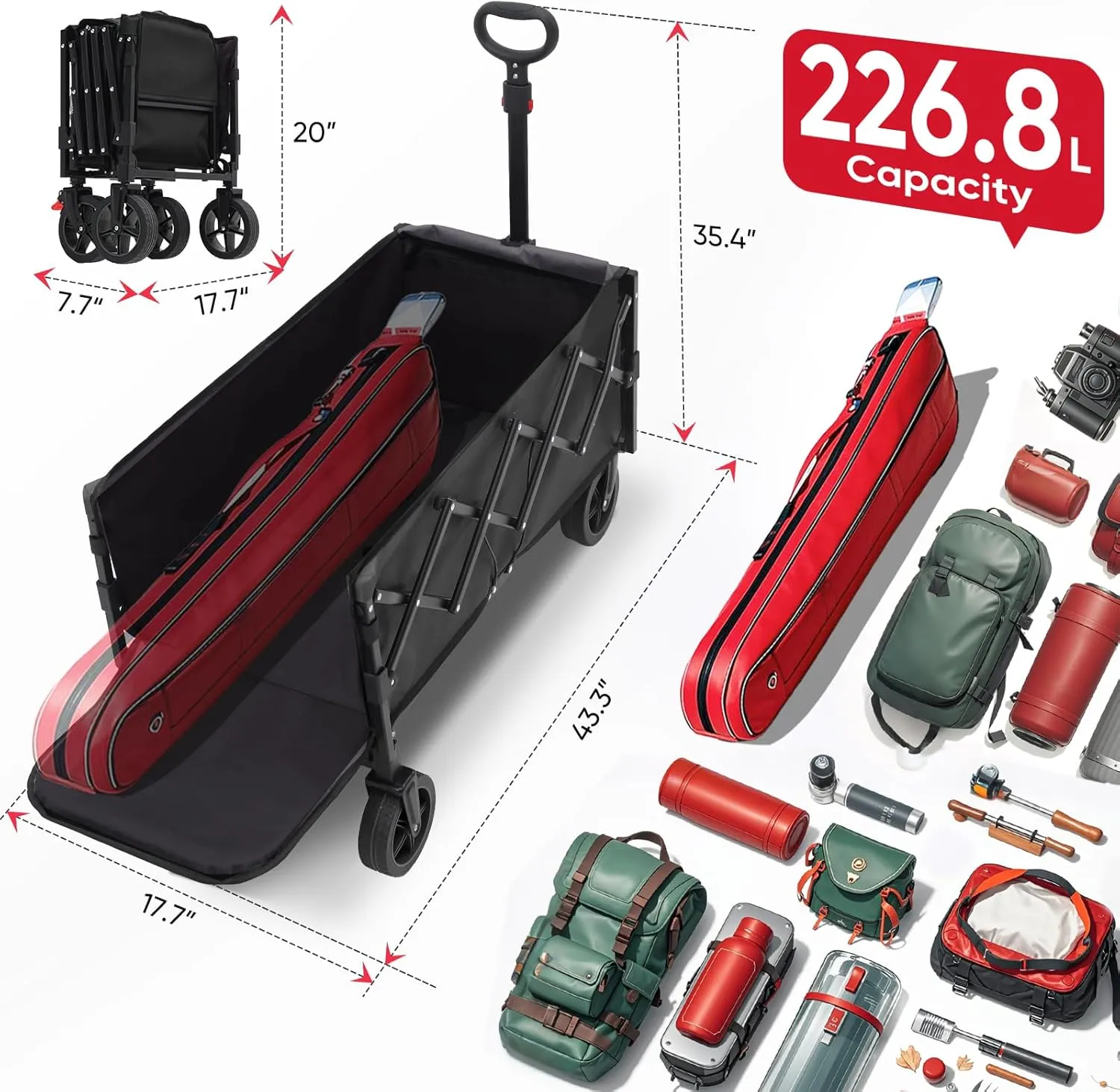Collapsible Wagon Cart 226.8L - Extra Long Utility Foldable Wagon with Tailgate, Brakes, Anti-Rebounding Handler & 2 Cup Holders, for Groceries, Camping, Shopping, Garden - Sekey& Sunula Black