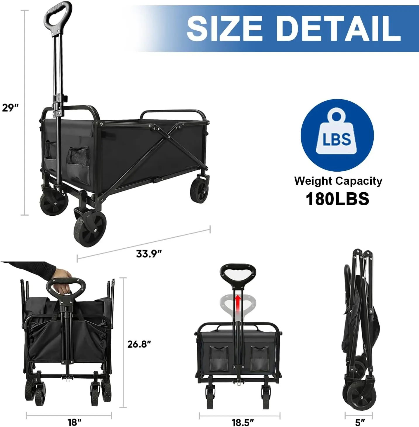 Collapsible Wagon Cart Foldable Portable Heavy Duty Folding Beach Wagons, Outdoor Utility Carts with Large Capacity for Grocery, Camping, Shopping, Fishing, Sports, Garden Black