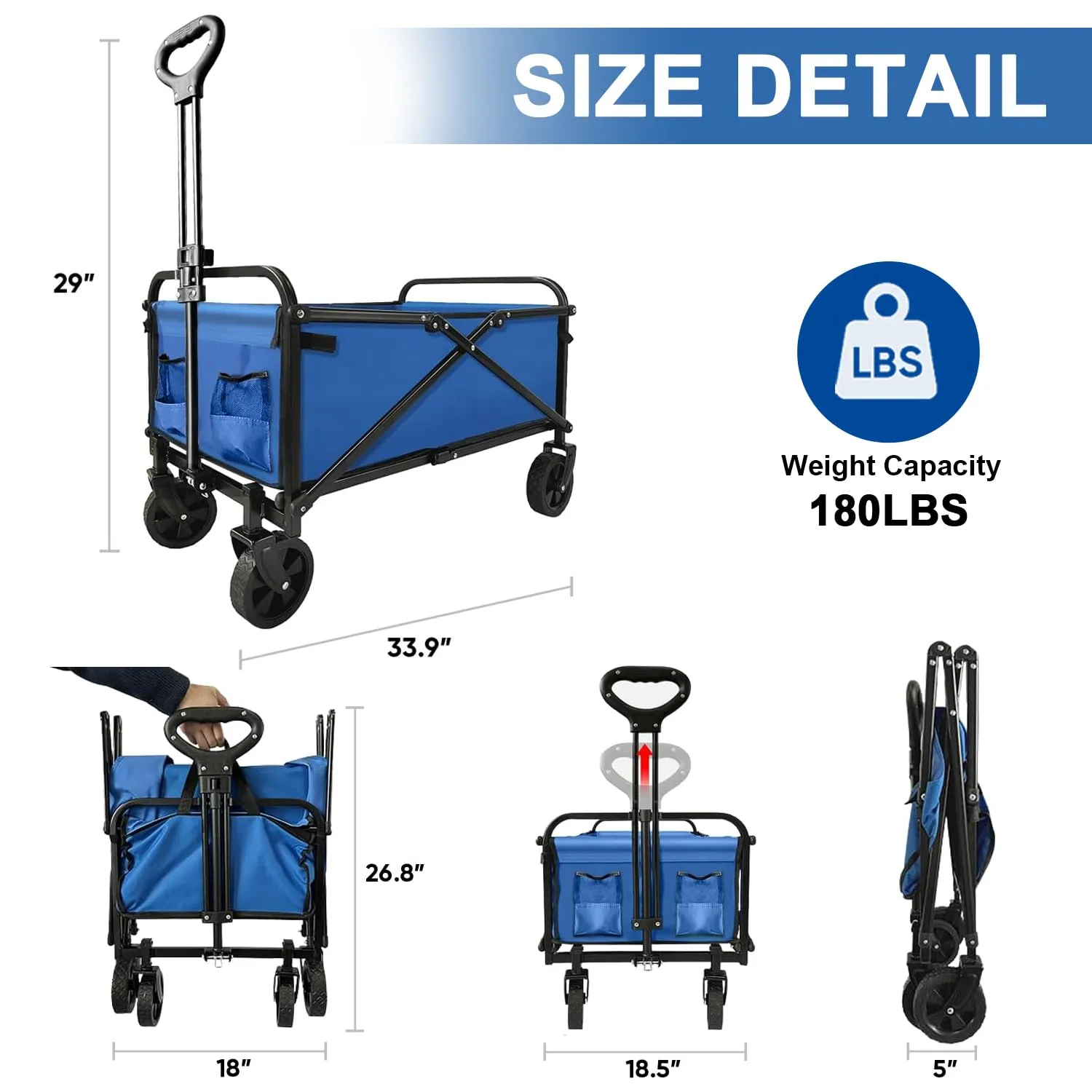 Collapsible Wagon Cart Foldable Portable Heavy Duty Folding Beach Wagons, Outdoor Utility Carts with Large Capacity for Grocery, Camping, Shopping, Fishing, Sports, Garden Blue
