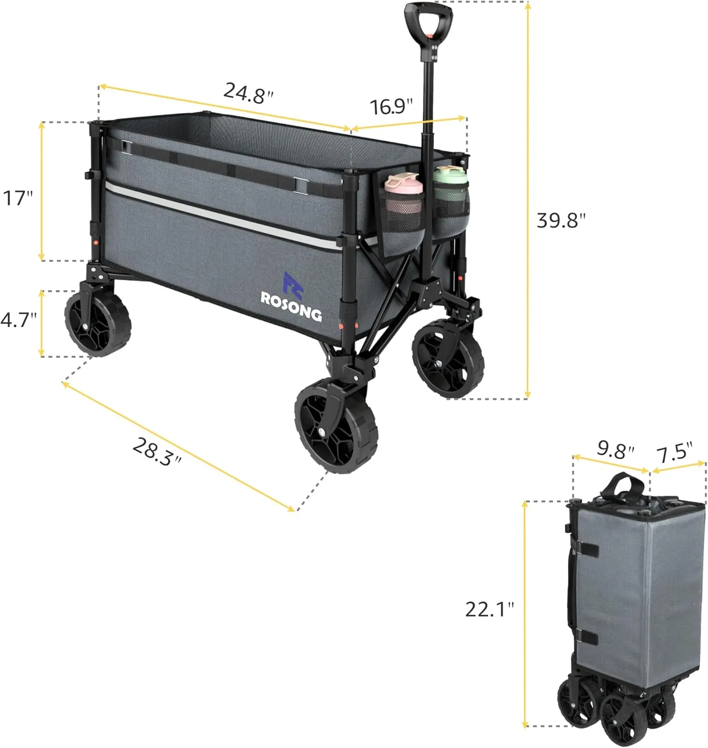 Collapsible Wagon Cart with Wheels Foldable - Folding Utility Heavy Duty Wagons Carts for Grocery Sports Garden Shopping Camping Grey