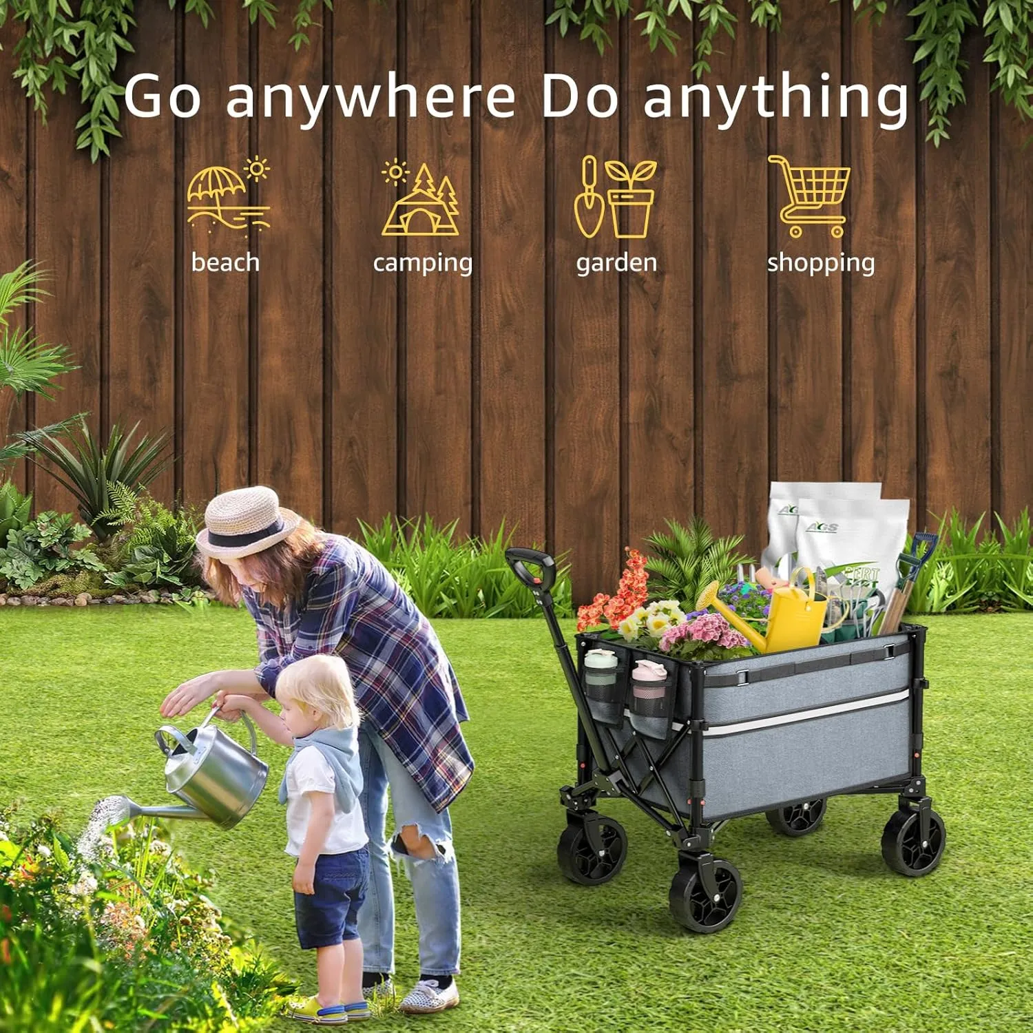 Collapsible Wagon Cart with Wheels Foldable - Folding Utility Heavy Duty Wagons Carts for Grocery Sports Garden Shopping Camping Grey