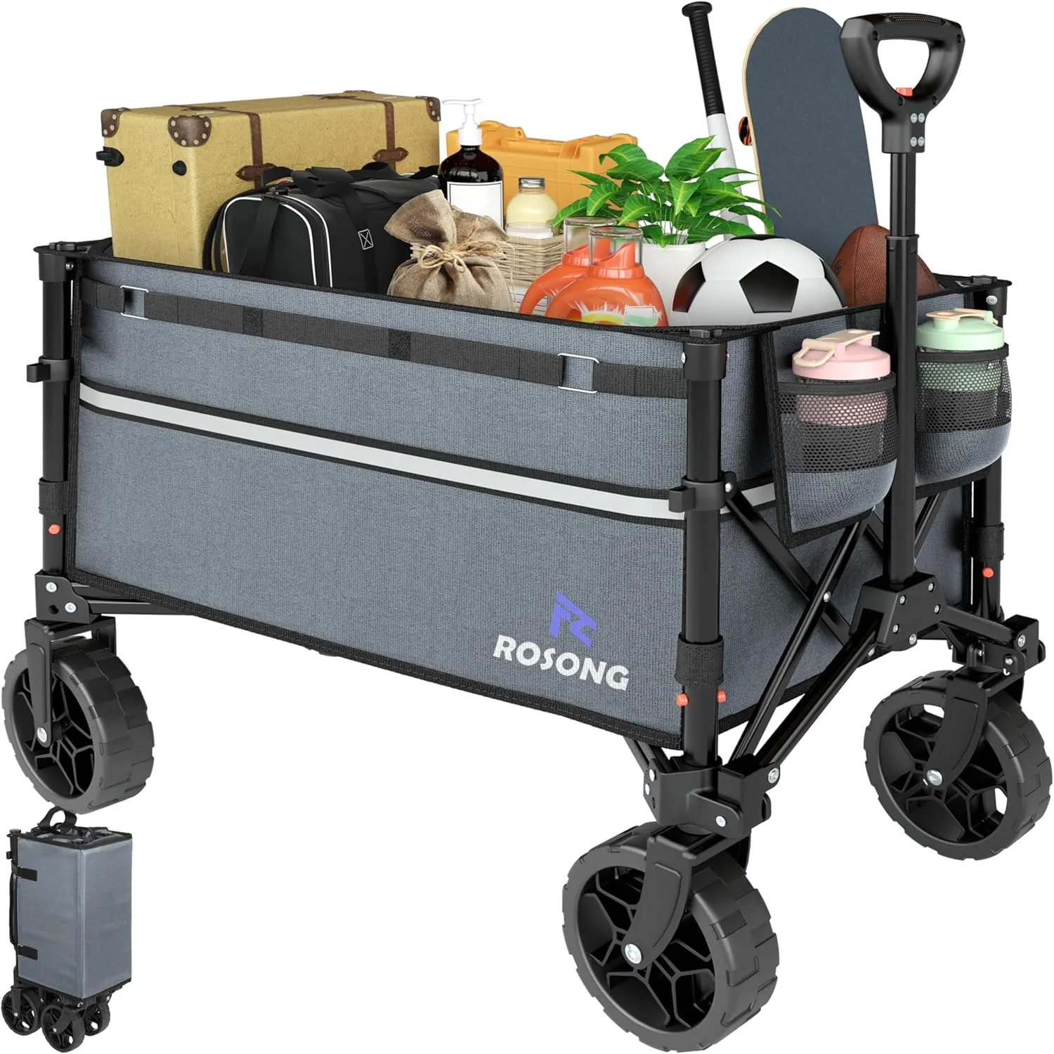 Collapsible Wagon Cart with Wheels Foldable - Folding Utility Heavy Duty Wagons Carts for Grocery Sports Garden Shopping Camping Grey