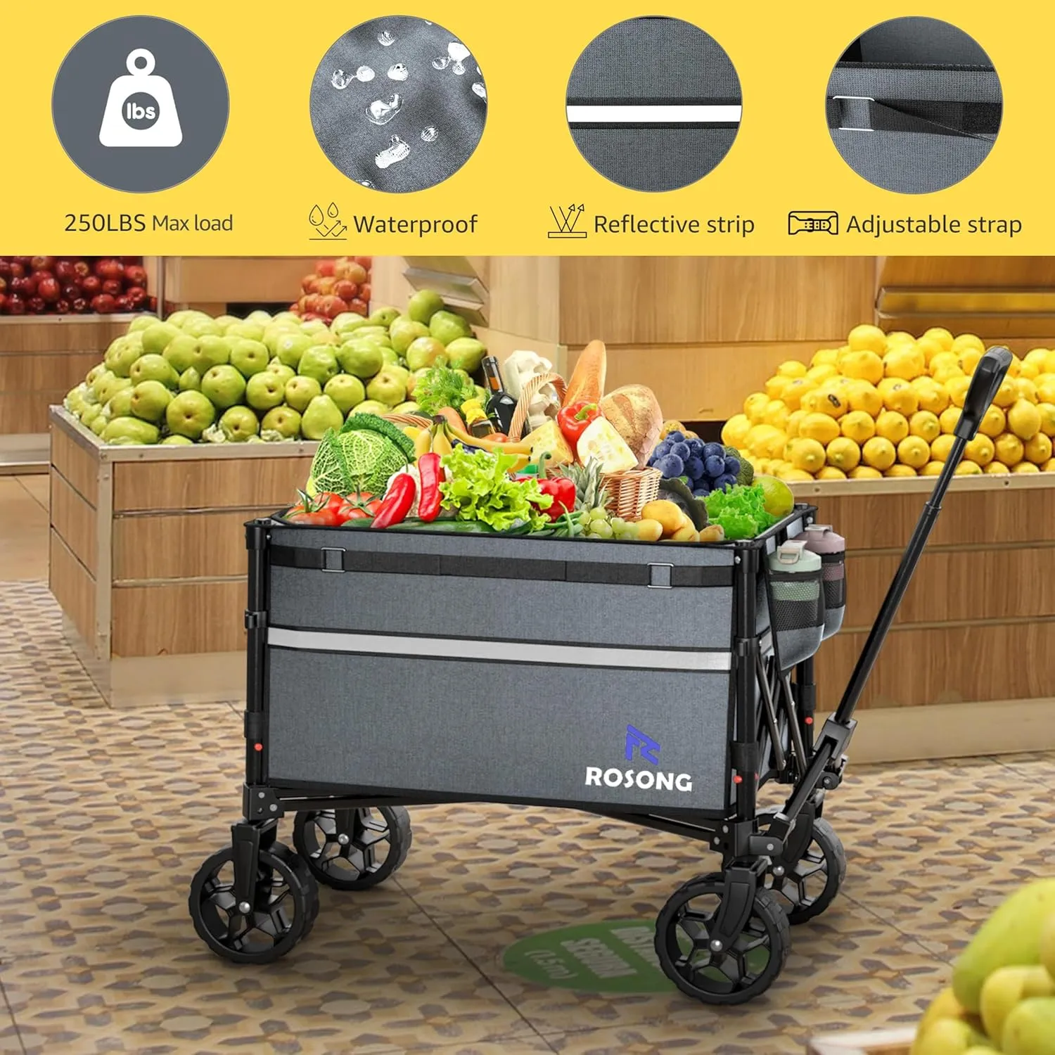 Collapsible Wagon Cart with Wheels Foldable - Folding Utility Heavy Duty Wagons Carts for Grocery Sports Garden Shopping Camping Grey