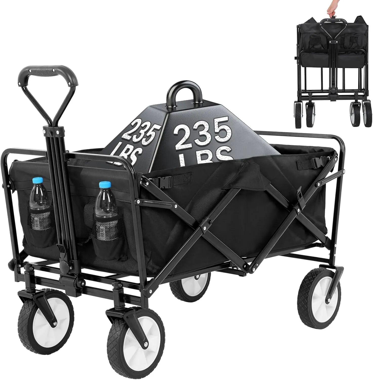 Collapsible Wagon Foldable Heavy Duty Steel Utility Outdoor Beach with Big Wheels for Sand, Garden Cart Grocery 360 Degree Swivel and Adjustable Handle, Black
