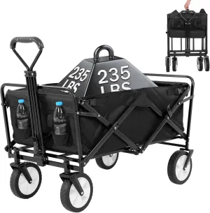 Collapsible Wagon Foldable Heavy Duty Steel Utility Outdoor Beach with Big Wheels for Sand, Garden Cart Grocery 360 Degree Swivel and Adjustable Handle, Black