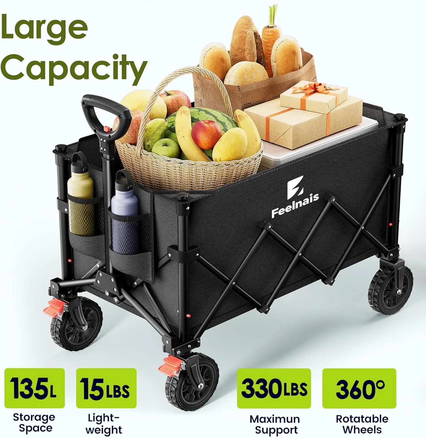 Collapsible Wagon with Wheels, Feelnais Folding Wagon Cart with Adjustable Handle, 135L Portable Utility Wagon for Grocery Garden Shopping Camping Sports Beach