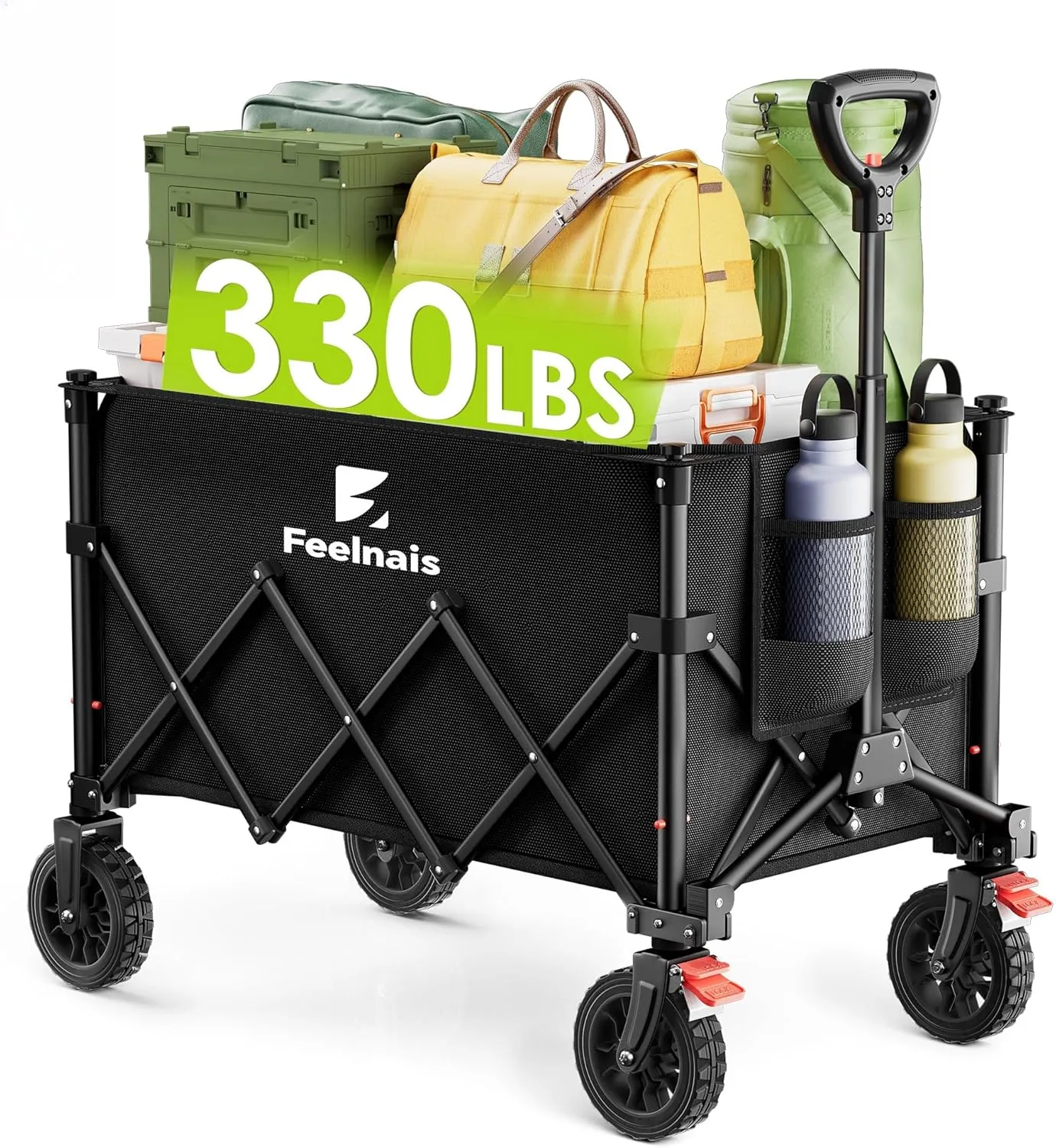 Collapsible Wagon with Wheels, Feelnais Folding Wagon Cart with Adjustable Handle, 135L Portable Utility Wagon for Grocery Garden Shopping Camping Sports Beach