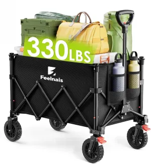 Collapsible Wagon with Wheels, Feelnais Folding Wagon Cart with Adjustable Handle, 135L Portable Utility Wagon for Grocery Garden Shopping Camping Sports Beach