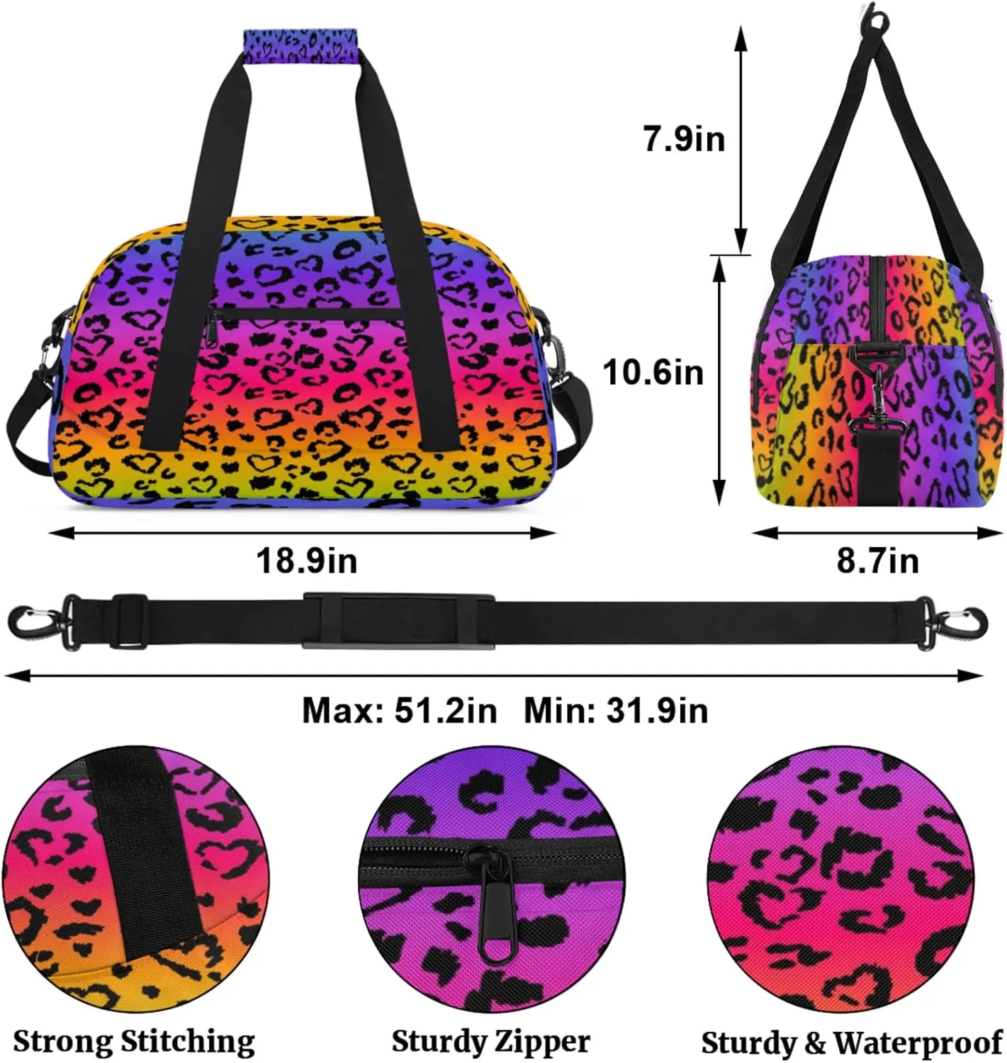 Colored Leopard Print Small Gym Bag for Women Men, Travel Duffle Bag Workout Dance Tote Bag Carry On Overnight Weekender Bag