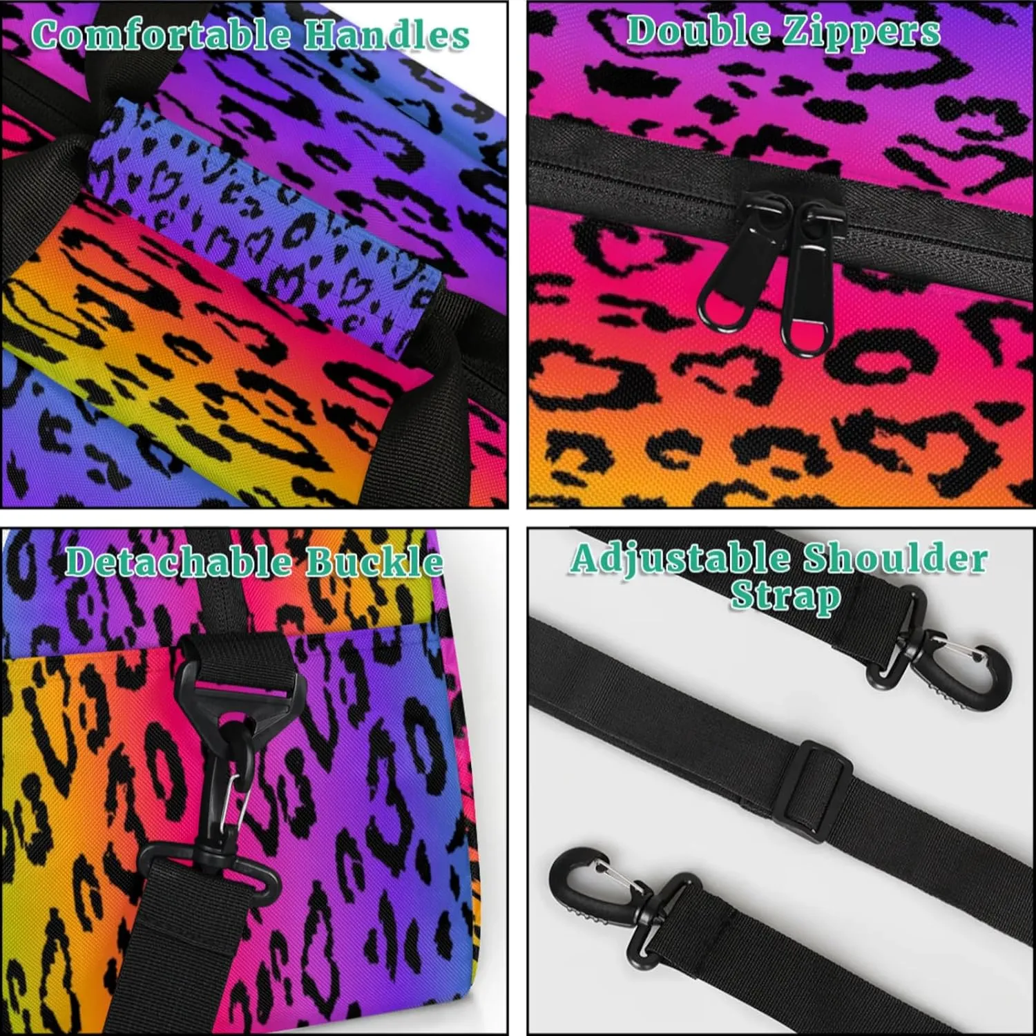 Colored Leopard Print Small Gym Bag for Women Men, Travel Duffle Bag Workout Dance Tote Bag Carry On Overnight Weekender Bag