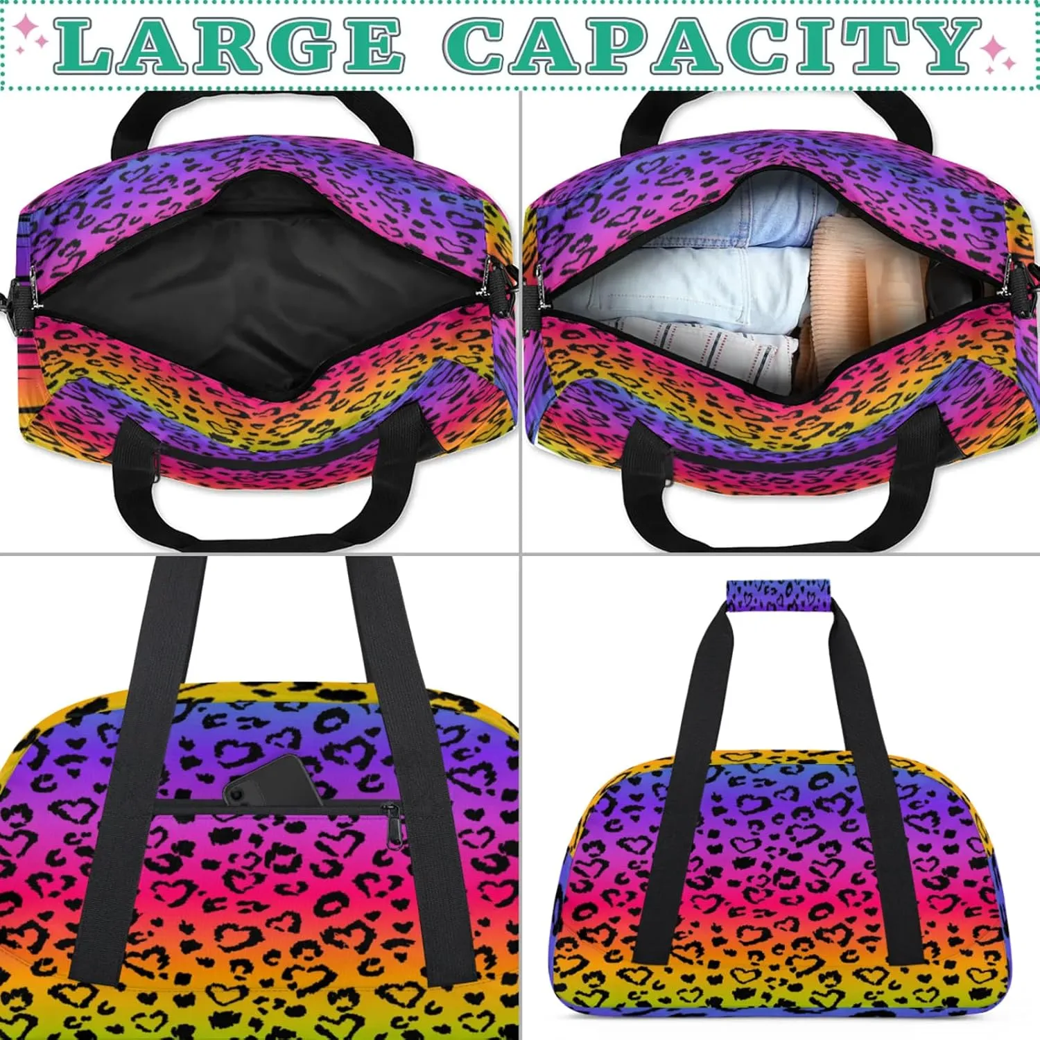Colored Leopard Print Small Gym Bag for Women Men, Travel Duffle Bag Workout Dance Tote Bag Carry On Overnight Weekender Bag