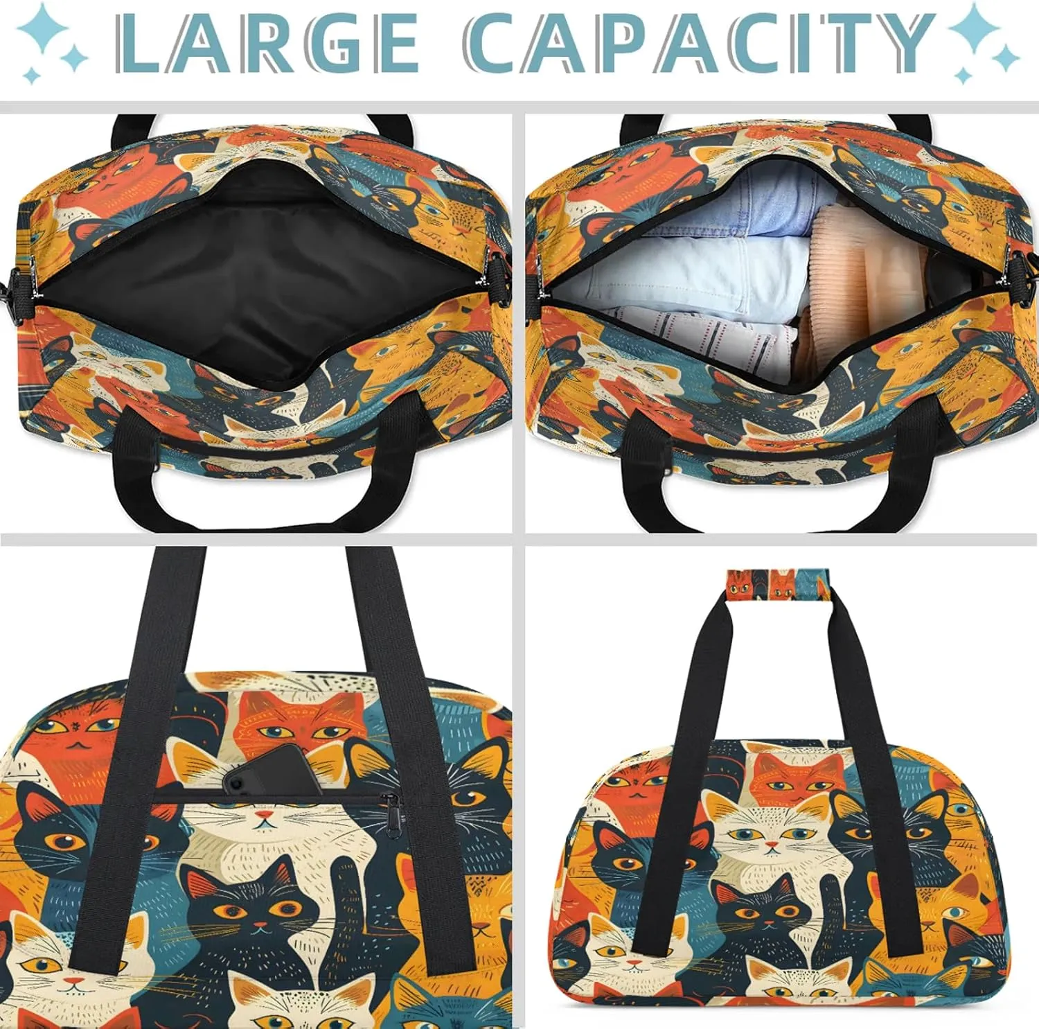 Colorful Cat Small Gym Bag 18 inch Carry On Duffel Bag for Weekender Travel Sports Workout Yoga Gymnastics Dance Ballet