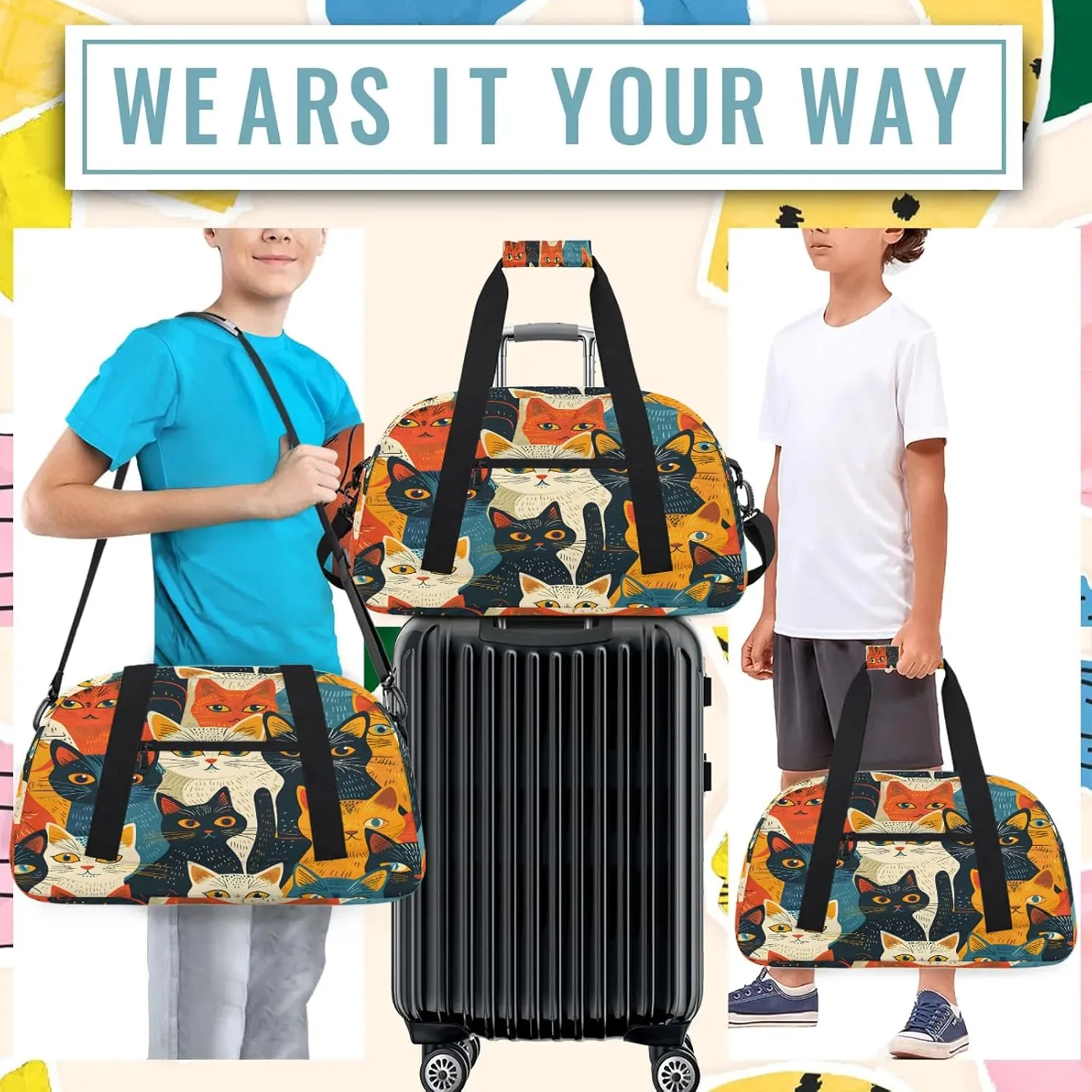 Colorful Cat Small Gym Bag 18 inch Carry On Duffel Bag for Weekender Travel Sports Workout Yoga Gymnastics Dance Ballet