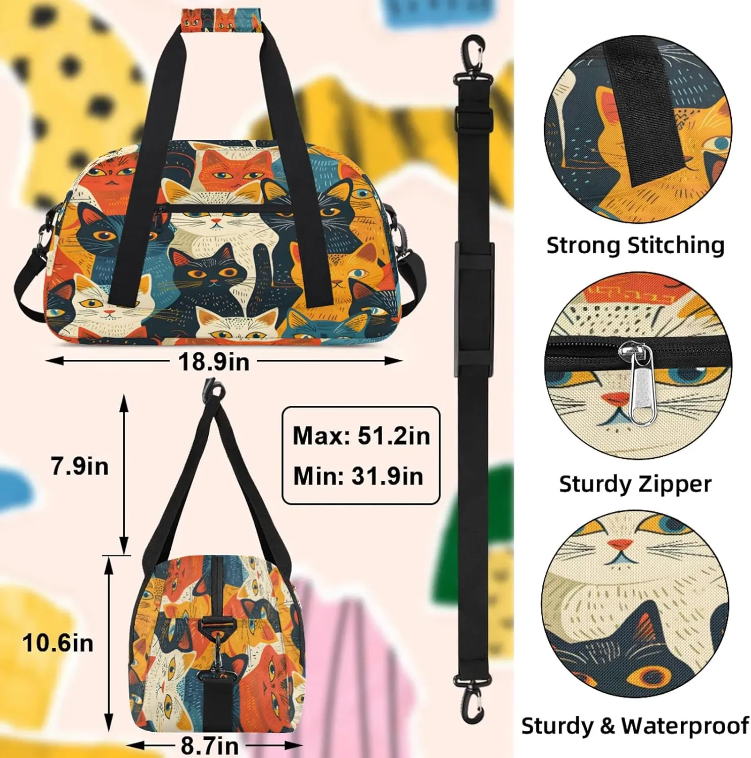Colorful Cat Small Gym Bag 18 inch Carry On Duffel Bag for Weekender Travel Sports Workout Yoga Gymnastics Dance Ballet