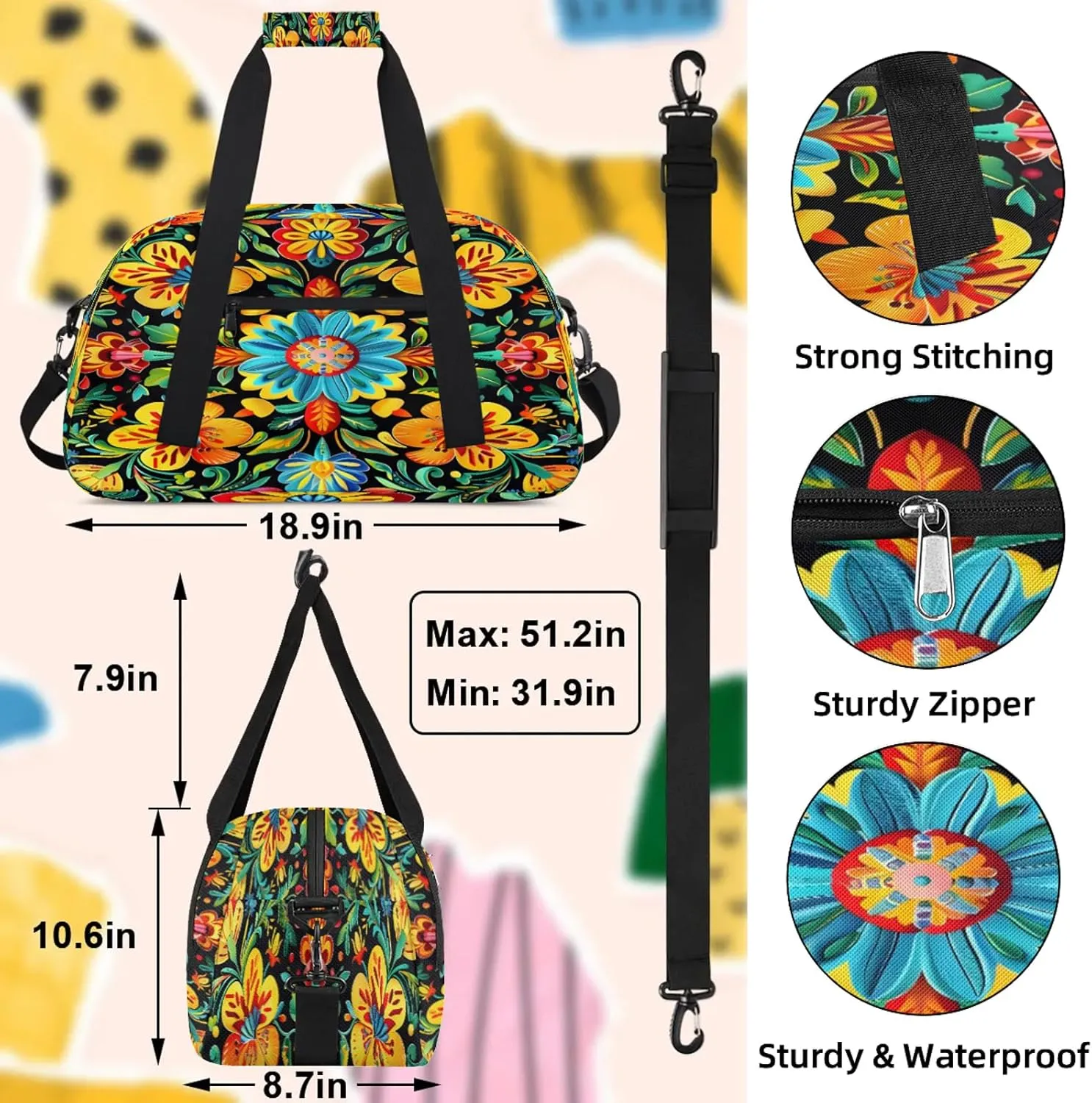 Colorful Mexican Flowers Small Gym Bag 18 inch Carry On Duffel Bag for Weekender Travel Sports Workout Yoga Gymnastics Dance Ballet