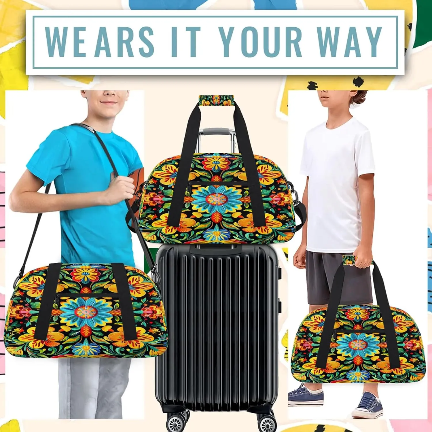 Colorful Mexican Flowers Small Gym Bag 18 inch Carry On Duffel Bag for Weekender Travel Sports Workout Yoga Gymnastics Dance Ballet