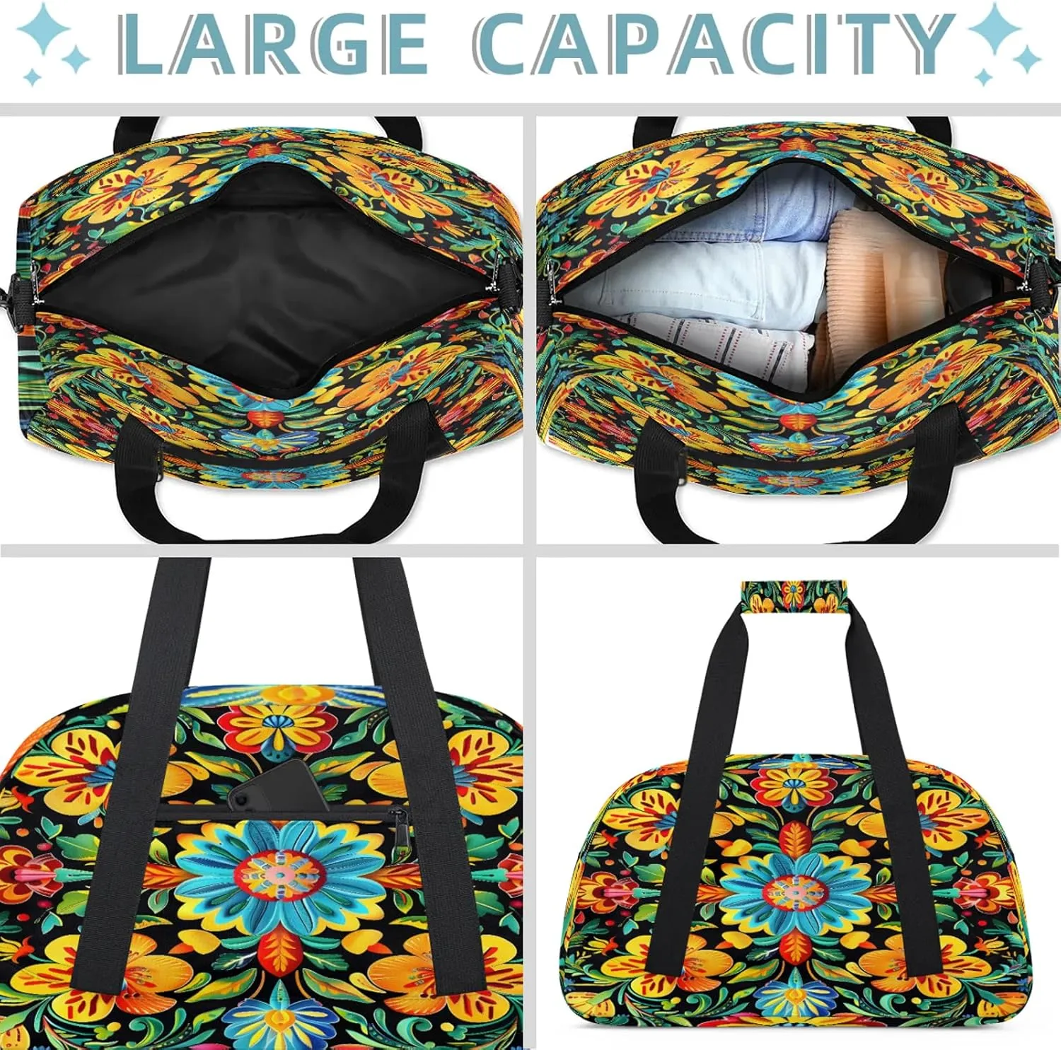 Colorful Mexican Flowers Small Gym Bag 18 inch Carry On Duffel Bag for Weekender Travel Sports Workout Yoga Gymnastics Dance Ballet